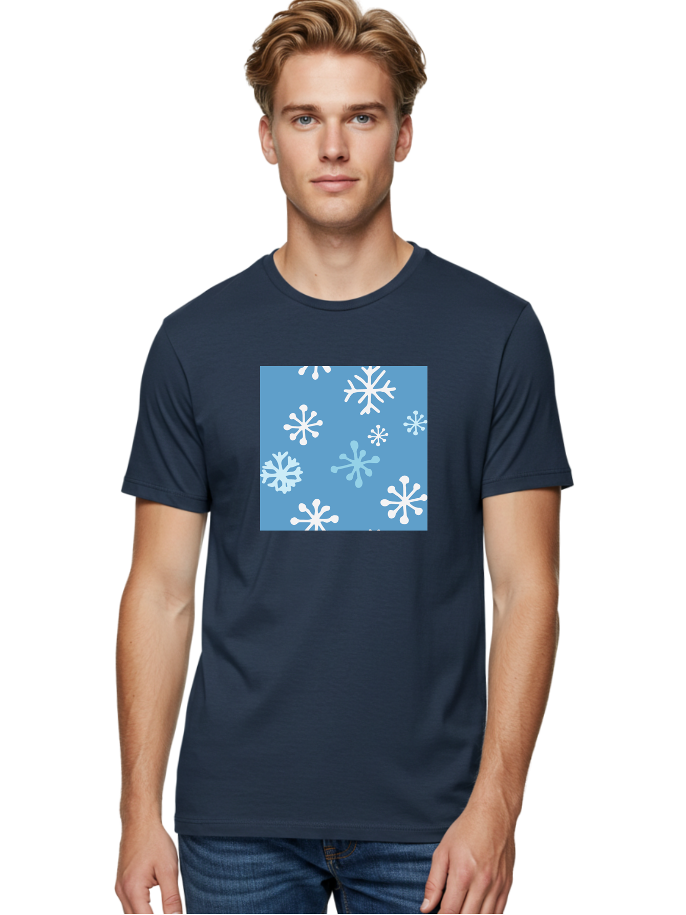 Snowflakes Men'S Graphic Tee, 100% Cotton, Comfortable Casual Summer Wear, Machine Washable, Winter Wonderland, Snowflake Pattern, Festive Design, Blue Background, White Snowflakes, Cold Weather, Snowy Scene, Holiday Theme, Seasonal Graphic, Aab123