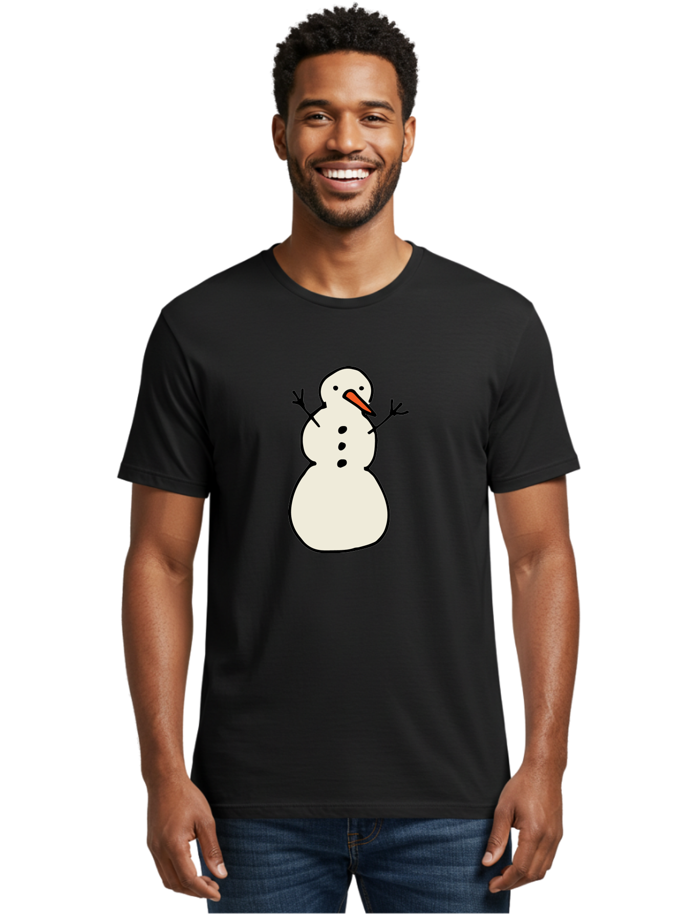 Snowman-1 Men'S Graphic Tee, 100% Cotton, Comfortable Casual Summer Wear, Machine Washable, Cartoon Snowman, White Snowman, Orange Nose, Black Dots, Winter Character, Festive Figure, Snowball Body, Simple Design, Cute Illustration, Aab124