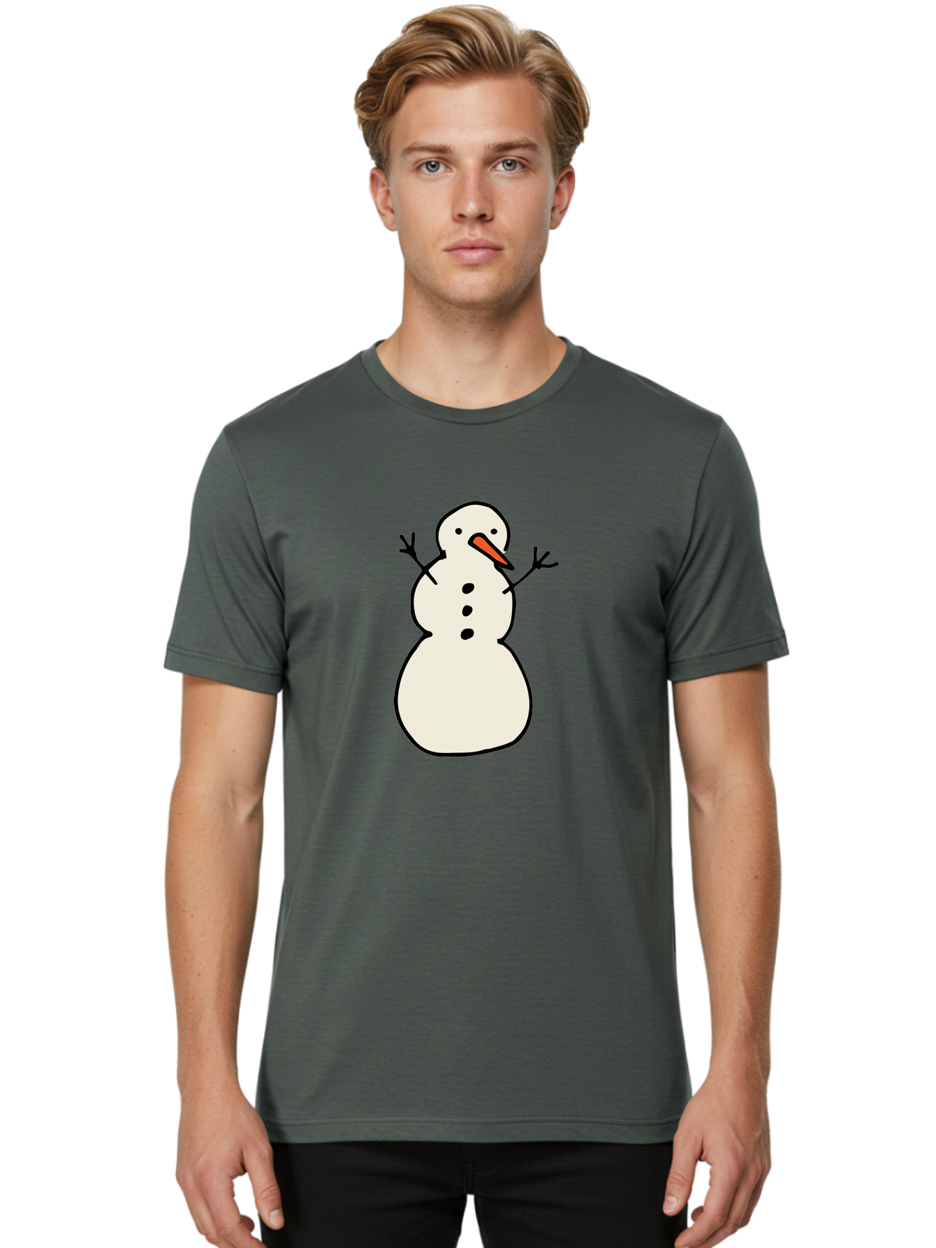 Snowman-1 Men'S Graphic Tee, 100% Cotton, Comfortable Casual Summer Wear, Machine Washable, Cartoon Snowman, White Snowman, Orange Nose, Black Dots, Winter Character, Festive Figure, Snowball Body, Simple Design, Cute Illustration, Aab124