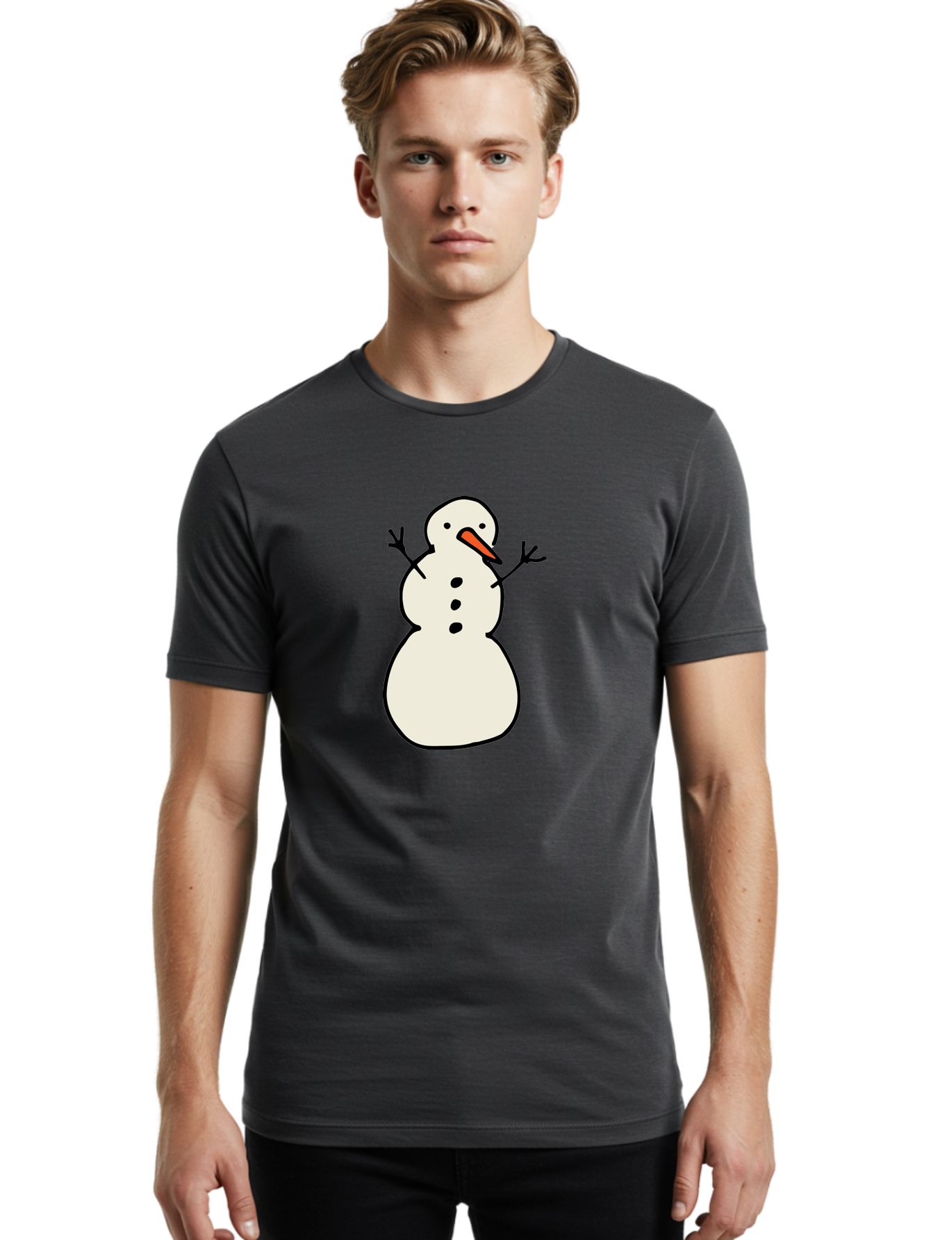 Snowman-1 Men'S Graphic Tee, 100% Cotton, Comfortable Casual Summer Wear, Machine Washable, Cartoon Snowman, White Snowman, Orange Nose, Black Dots, Winter Character, Festive Figure, Snowball Body, Simple Design, Cute Illustration, Aab124