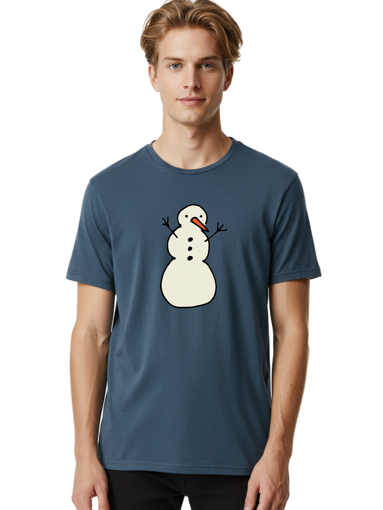 Snowman-1 Men'S Graphic Tee, 100% Cotton, Comfortable Casual Summer Wear, Machine Washable, Cartoon Snowman, White Snowman, Orange Nose, Black Dots, Winter Character, Festive Figure, Snowball Body, Simple Design, Cute Illustration, Aab124