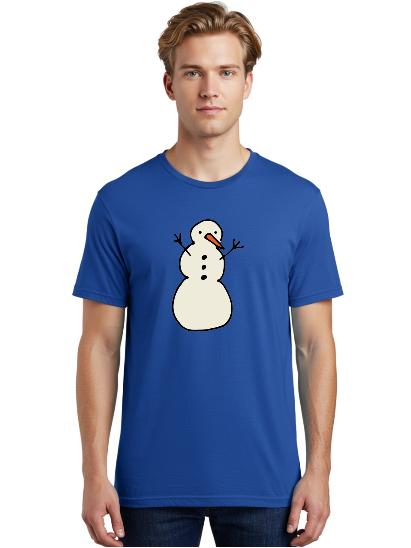 Snowman-1 Men'S Graphic Tee, 100% Cotton, Comfortable Casual Summer Wear, Machine Washable, Cartoon Snowman, White Snowman, Orange Nose, Black Dots, Winter Character, Festive Figure, Snowball Body, Simple Design, Cute Illustration, Aab124