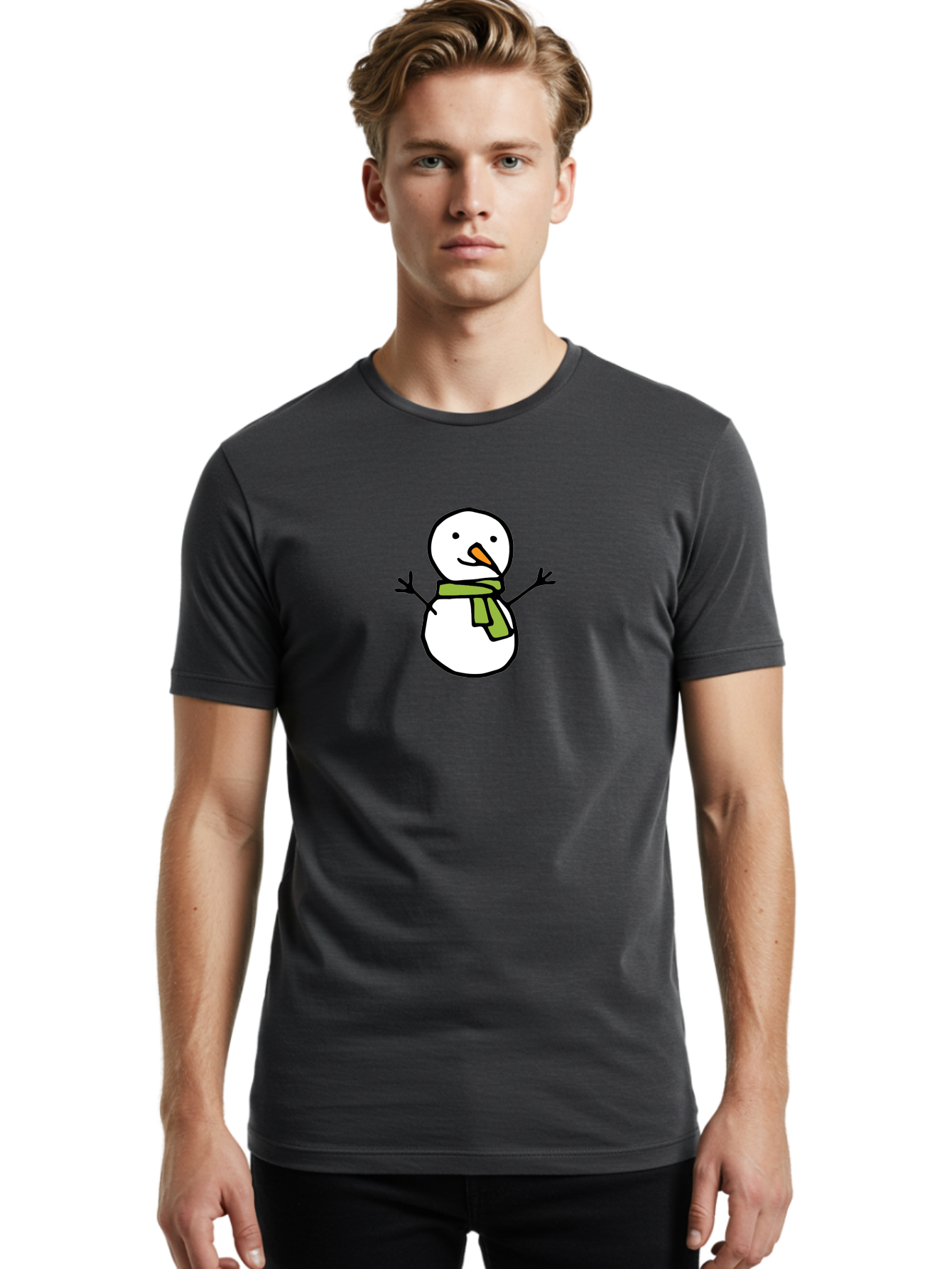 Snowman-4 Men'S Graphic Tee, 100% Cotton, Comfortable Casual Summer Wear, Machine Washable, Cartoon Snowman, Smiling Snowman, Winter Character, Green Scarf, Orange Nose, Friendly Snowman, Christmas Character, Digital Illustration, Aab127
