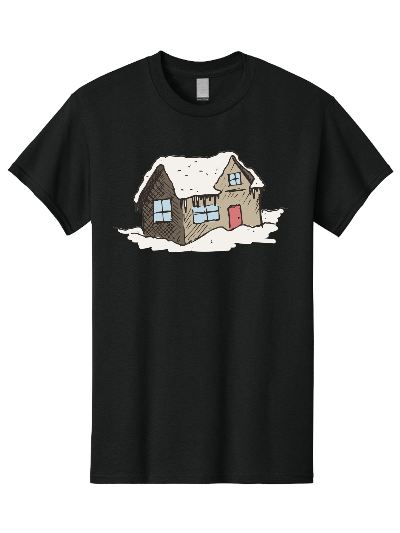 Snowy-House Men'S Graphic Tee, 100% Cotton, Comfortable Casual Summer Wear, Machine Washable, Cozy Winter Home, Snowy Cottage, Red Door, Icicles Hanging, Cold Weather, Winter Scenery, Snow-Covered Roof, Traditional House, Frosty Atmosphere Aab129