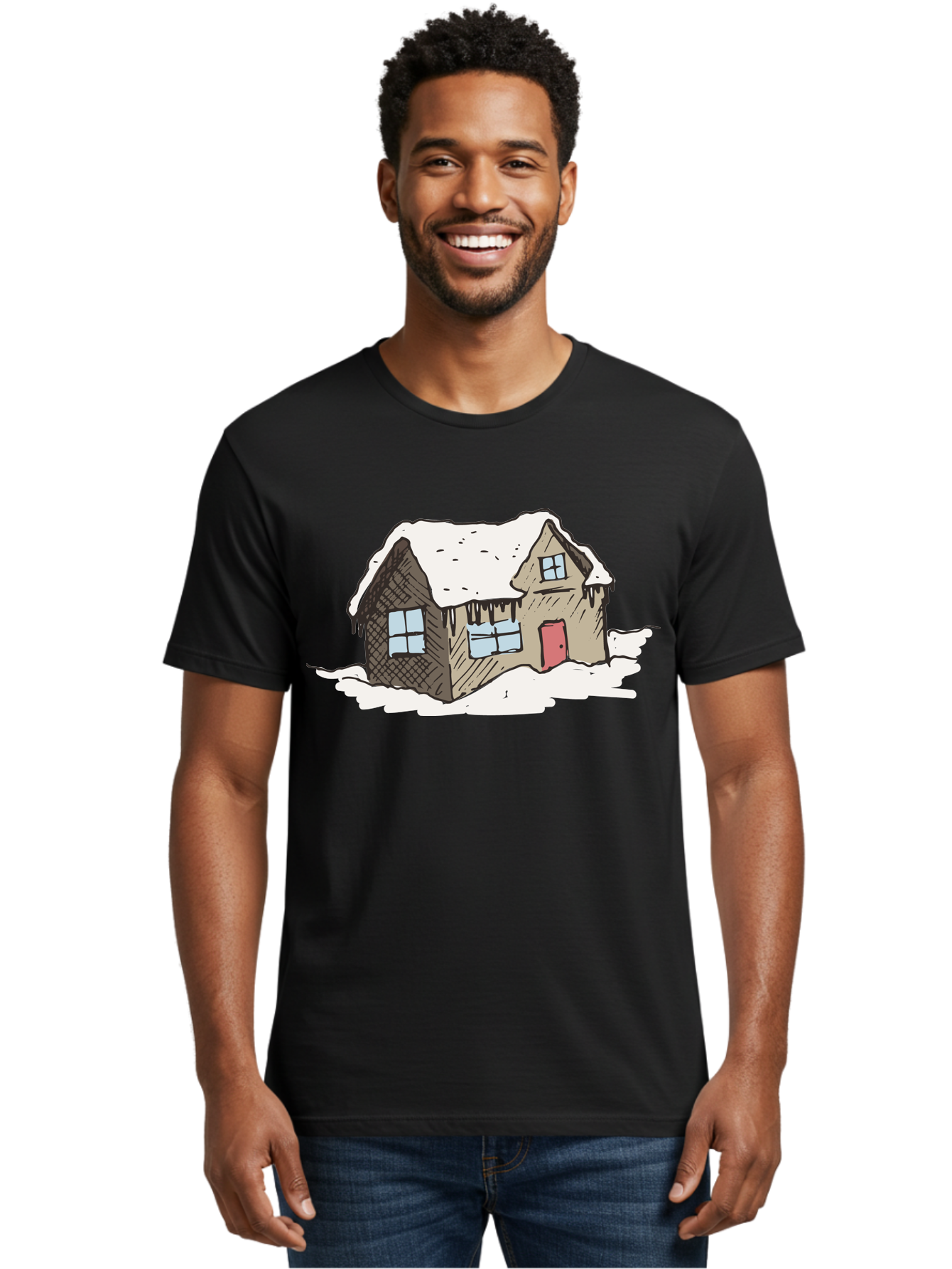 Snowy-House Men'S Graphic Tee, 100% Cotton, Comfortable Casual Summer Wear, Machine Washable, Cozy Winter Home, Snowy Cottage, Red Door, Icicles Hanging, Cold Weather, Winter Scenery, Snow-Covered Roof, Traditional House, Frosty Atmosphere Aab129