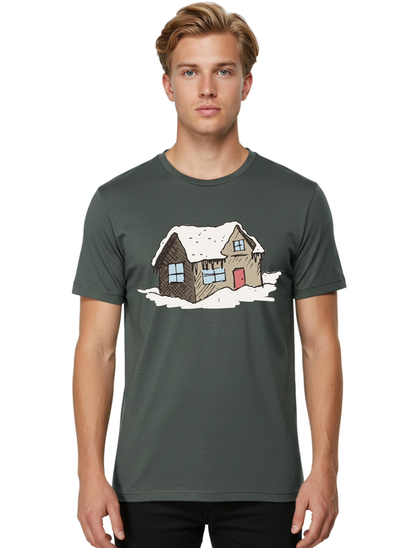 Snowy-House Men'S Graphic Tee, 100% Cotton, Comfortable Casual Summer Wear, Machine Washable, Cozy Winter Home, Snowy Cottage, Red Door, Icicles Hanging, Cold Weather, Winter Scenery, Snow-Covered Roof, Traditional House, Frosty Atmosphere Aab129