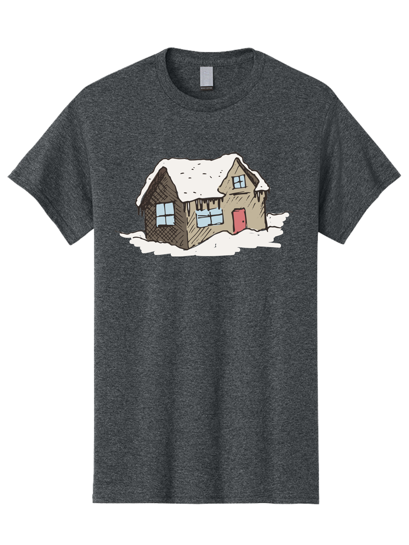 Snowy-House Men'S Graphic Tee, 100% Cotton, Comfortable Casual Summer Wear, Machine Washable, Cozy Winter Home, Snowy Cottage, Red Door, Icicles Hanging, Cold Weather, Winter Scenery, Snow-Covered Roof, Traditional House, Frosty Atmosphere Aab129