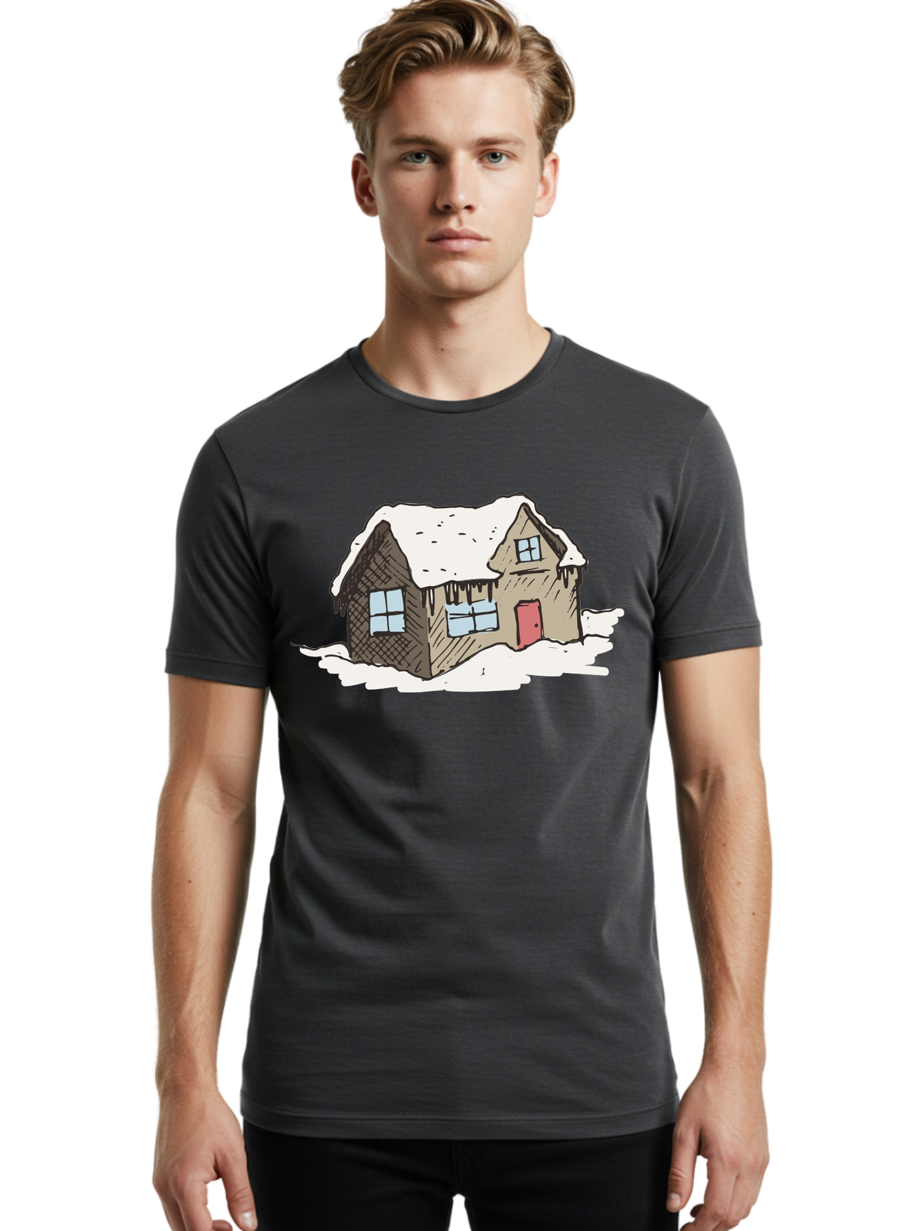 Snowy-House Men'S Graphic Tee, 100% Cotton, Comfortable Casual Summer Wear, Machine Washable, Cozy Winter Home, Snowy Cottage, Red Door, Icicles Hanging, Cold Weather, Winter Scenery, Snow-Covered Roof, Traditional House, Frosty Atmosphere Aab129