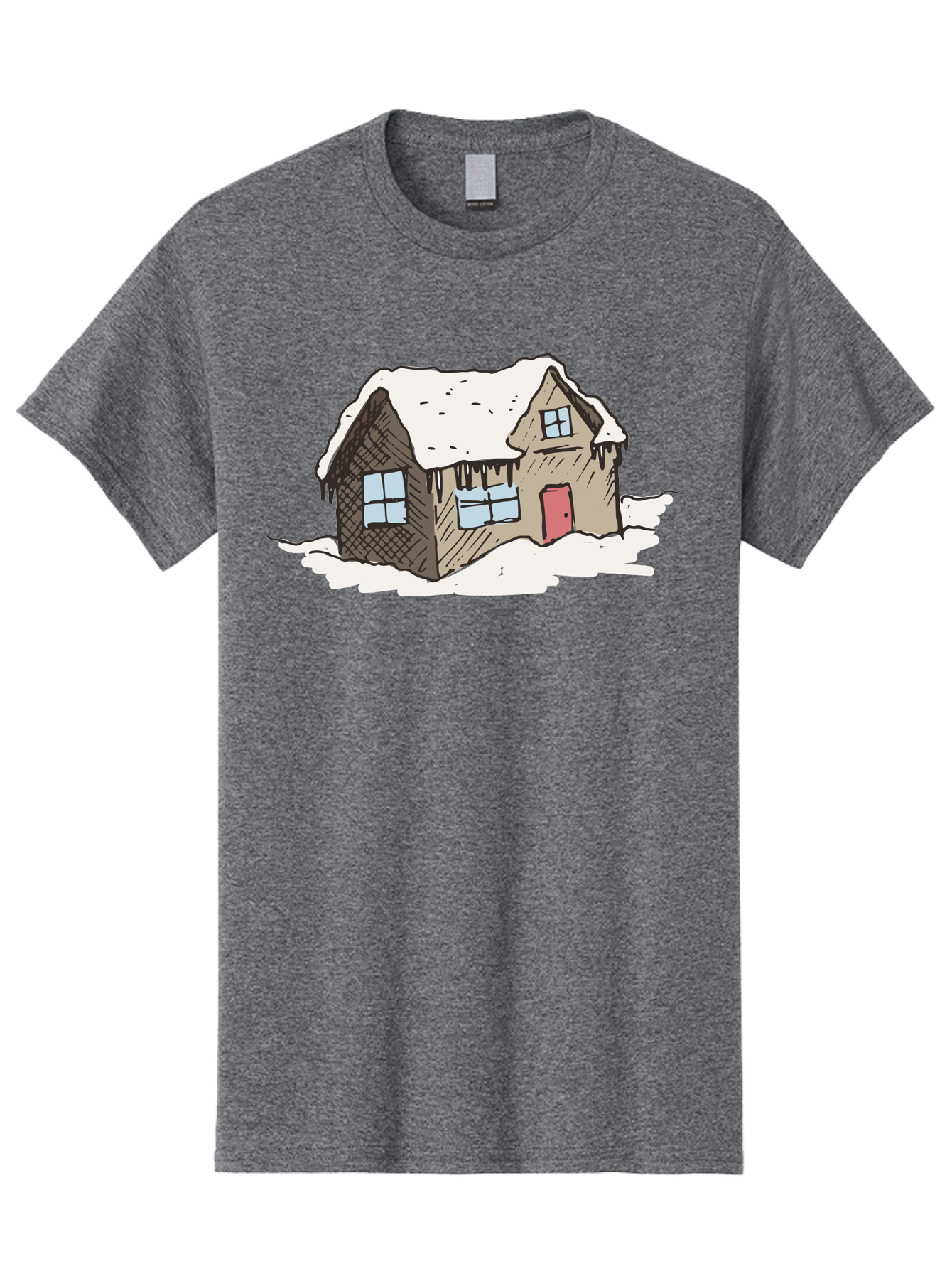 Snowy-House Men'S Graphic Tee, 100% Cotton, Comfortable Casual Summer Wear, Machine Washable, Cozy Winter Home, Snowy Cottage, Red Door, Icicles Hanging, Cold Weather, Winter Scenery, Snow-Covered Roof, Traditional House, Frosty Atmosphere Aab129