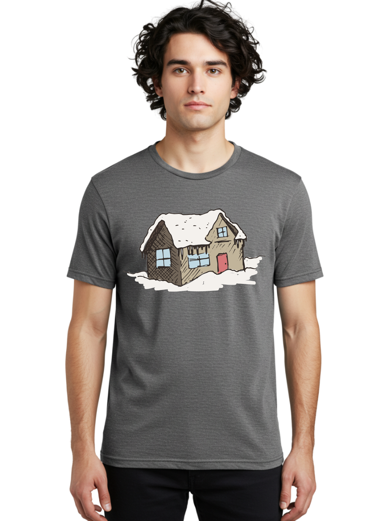 Snowy-House Men'S Graphic Tee, 100% Cotton, Comfortable Casual Summer Wear, Machine Washable, Cozy Winter Home, Snowy Cottage, Red Door, Icicles Hanging, Cold Weather, Winter Scenery, Snow-Covered Roof, Traditional House, Frosty Atmosphere Aab129