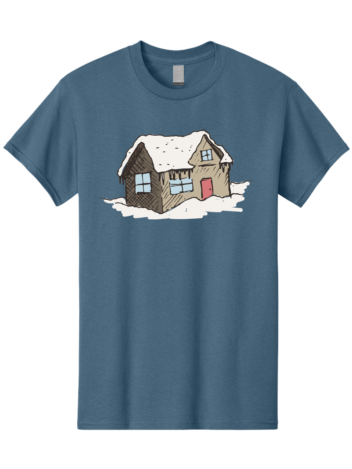 Snowy-House Men'S Graphic Tee, 100% Cotton, Comfortable Casual Summer Wear, Machine Washable, Cozy Winter Home, Snowy Cottage, Red Door, Icicles Hanging, Cold Weather, Winter Scenery, Snow-Covered Roof, Traditional House, Frosty Atmosphere Aab129
