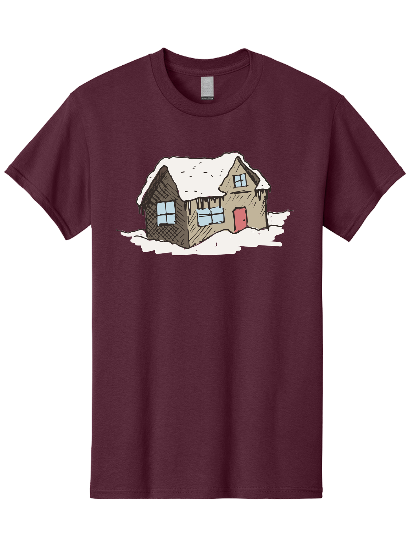 Snowy-House Men'S Graphic Tee, 100% Cotton, Comfortable Casual Summer Wear, Machine Washable, Cozy Winter Home, Snowy Cottage, Red Door, Icicles Hanging, Cold Weather, Winter Scenery, Snow-Covered Roof, Traditional House, Frosty Atmosphere Aab129