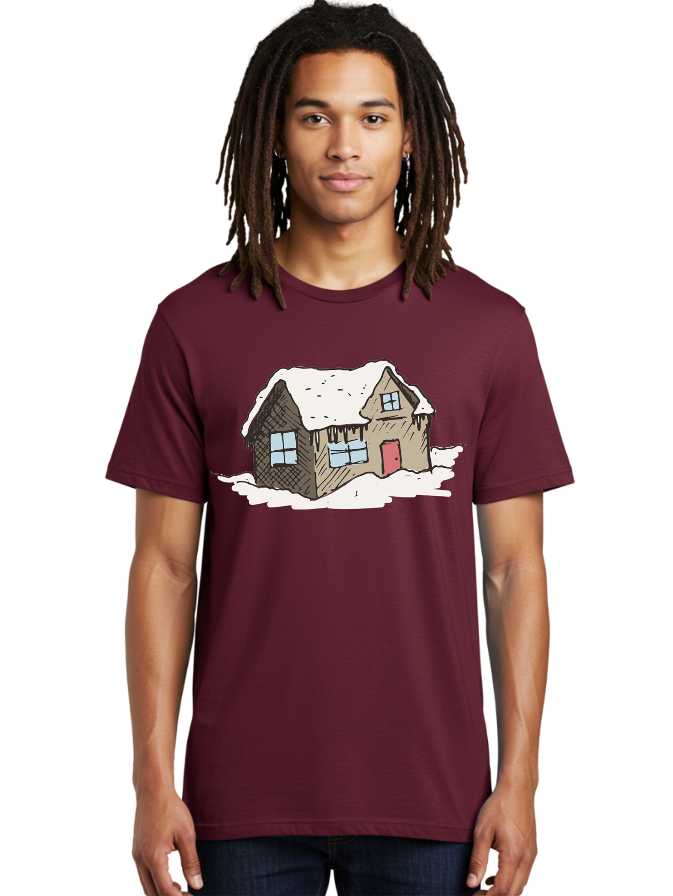 Snowy-House Men'S Graphic Tee, 100% Cotton, Comfortable Casual Summer Wear, Machine Washable, Cozy Winter Home, Snowy Cottage, Red Door, Icicles Hanging, Cold Weather, Winter Scenery, Snow-Covered Roof, Traditional House, Frosty Atmosphere Aab129