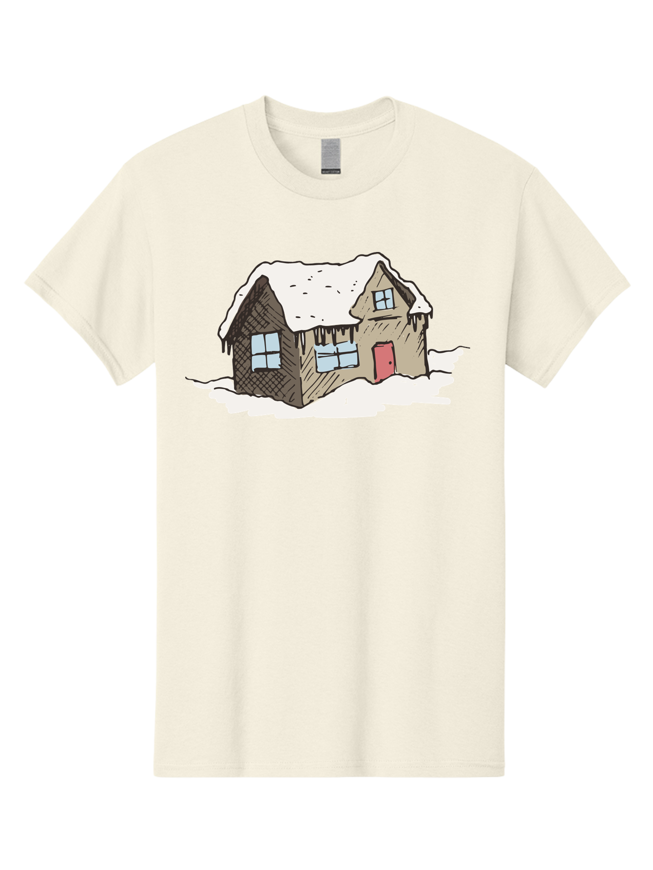 Snowy-House Men'S Graphic Tee, 100% Cotton, Comfortable Casual Summer Wear, Machine Washable, Cozy Winter Home, Snowy Cottage, Red Door, Icicles Hanging, Cold Weather, Winter Scenery, Snow-Covered Roof, Traditional House, Frosty Atmosphere Aab129