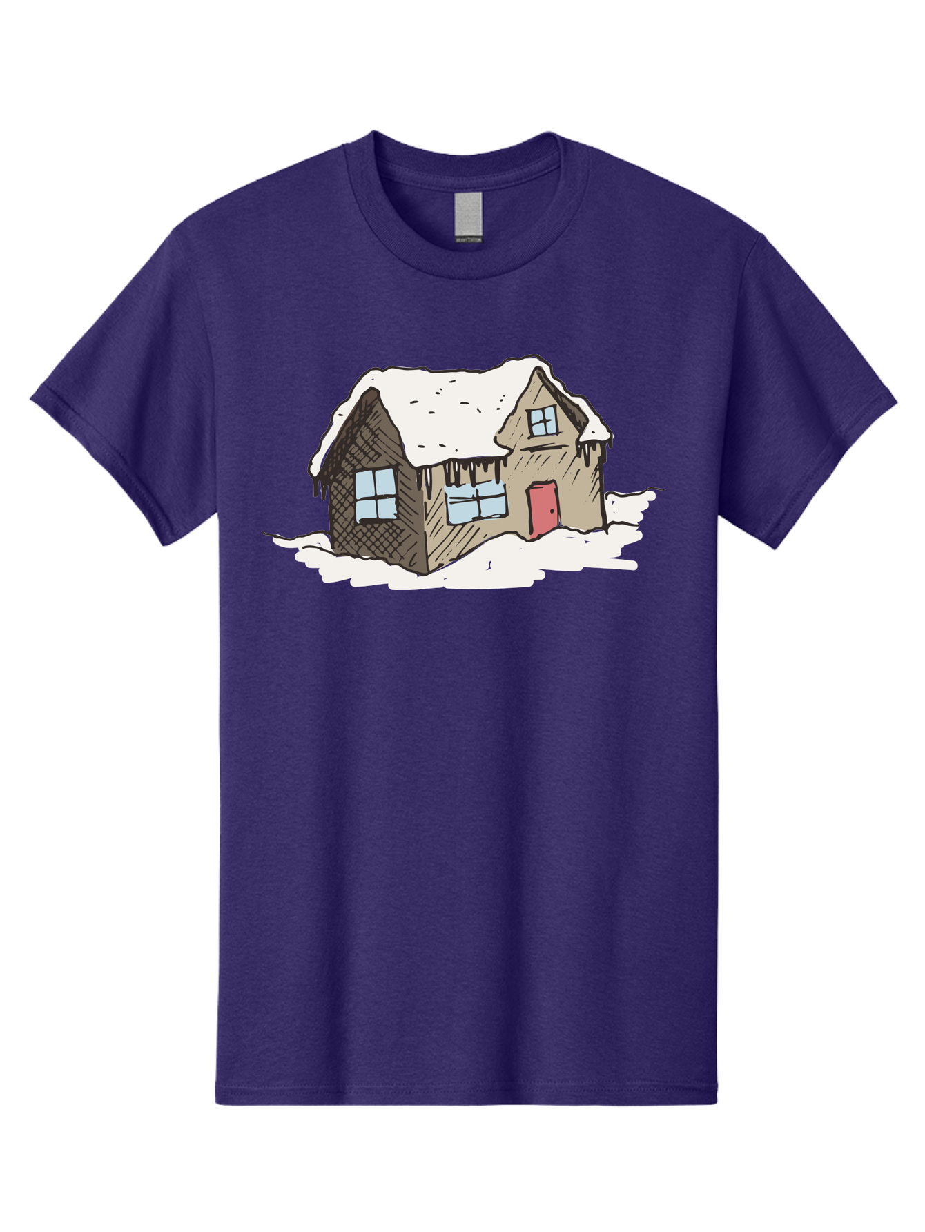 Snowy-House Men'S Graphic Tee, 100% Cotton, Comfortable Casual Summer Wear, Machine Washable, Cozy Winter Home, Snowy Cottage, Red Door, Icicles Hanging, Cold Weather, Winter Scenery, Snow-Covered Roof, Traditional House, Frosty Atmosphere Aab129