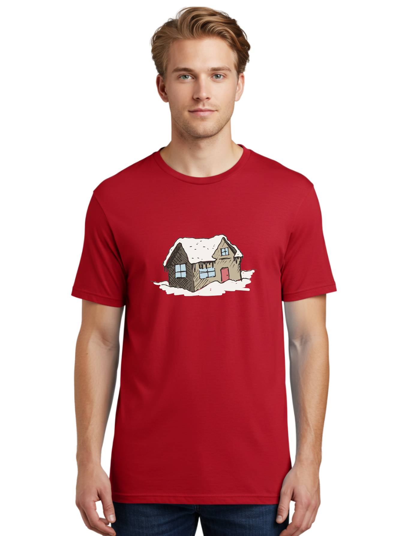 Snowy-House Men'S Graphic Tee, 100% Cotton, Comfortable Casual Summer Wear, Machine Washable, Cozy Winter Home, Snowy Cottage, Red Door, Icicles Hanging, Cold Weather, Winter Scenery, Snow-Covered Roof, Traditional House, Frosty Atmosphere Aab129