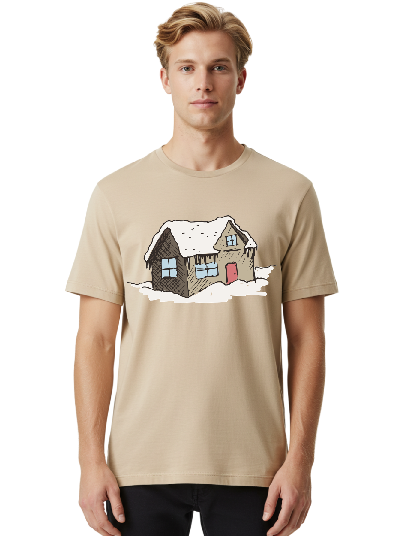 Snowy-House Men'S Graphic Tee, 100% Cotton, Comfortable Casual Summer Wear, Machine Washable, Cozy Winter Home, Snowy Cottage, Red Door, Icicles Hanging, Cold Weather, Winter Scenery, Snow-Covered Roof, Traditional House, Frosty Atmosphere Aab129