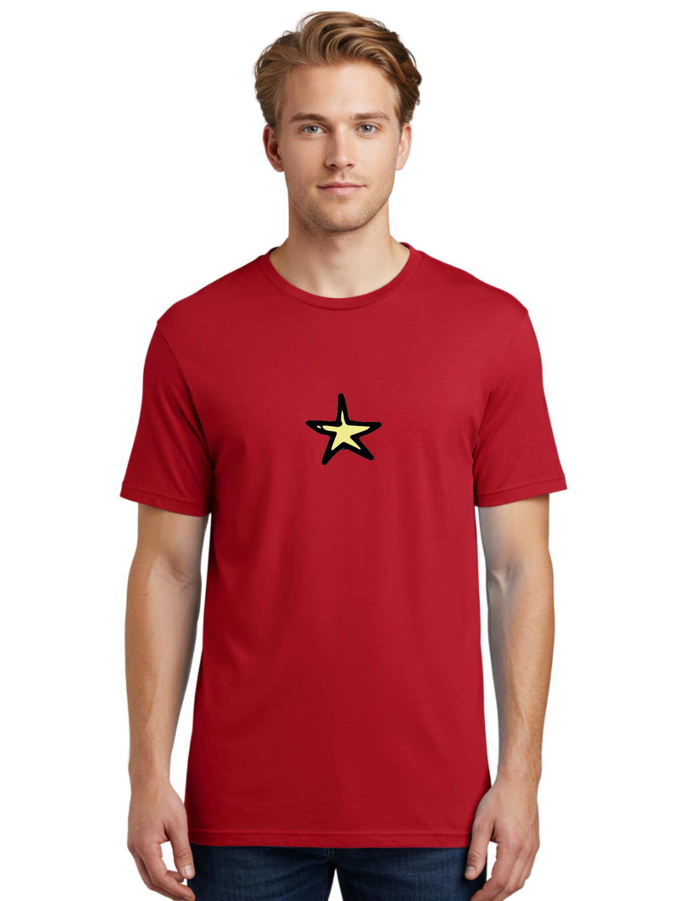 Star Men'S Graphic Tee, 100% Cotton, Comfortable Casual Summer Wear, Machine Washable, Star Icon, Five-Pointed Star, Simple Design, Minimalist Graphic, Bold Lines, Yellow Fill, Black Outline, Modern Style, Digital Art Aab135