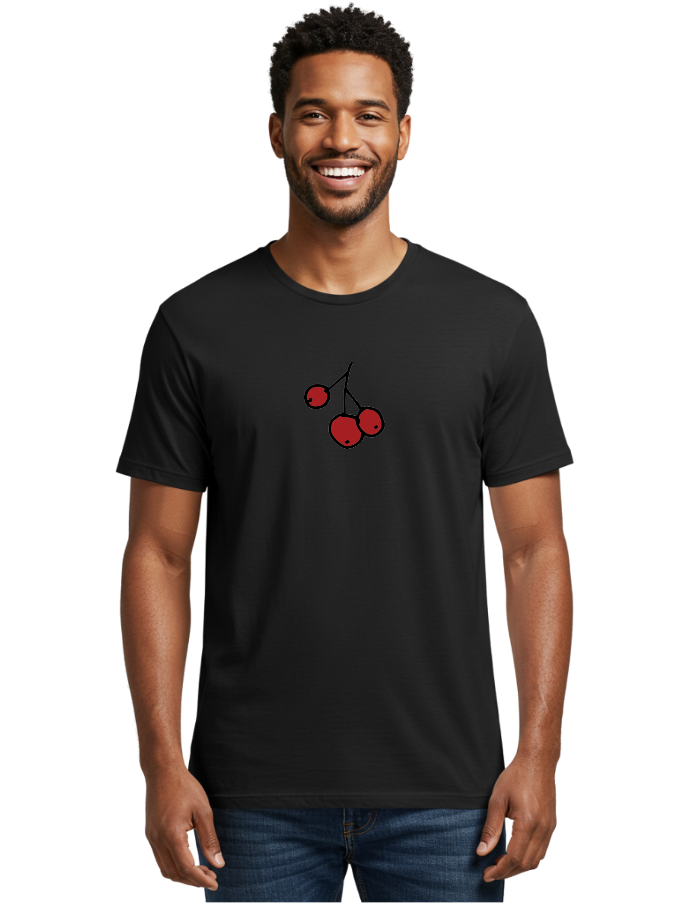 Three-Cherries Men'S Graphic Tee, 100% Cotton, Comfortable Casual Summer Wear, Machine Washable, Red Cherries, Simple Drawing, Cartoon Style, Sweet Fruit, Bold Lines, Black Stems, Ripe Cherries, Minimalist Design, Digital Art Aab143