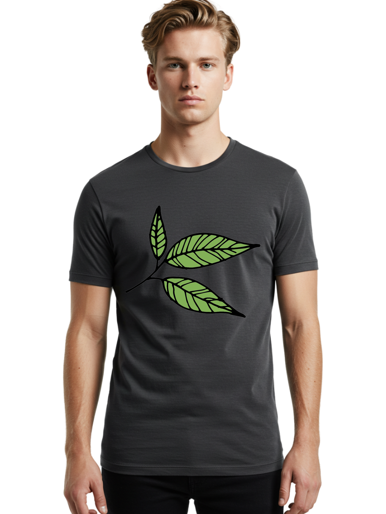 Three-Leaves Men'S Graphic Tee, 100% Cotton, Comfortable Casual Summer Wear, Machine Washable, Simple Leaf Illustration, Minimalist Design, Black Outline, Green Leaves, Leaf Veins, Foliage Artwork, Nature-Inspired Graphics, Aab144