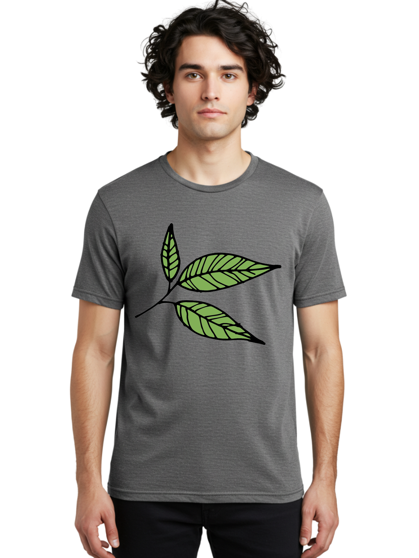 Three-Leaves Men'S Graphic Tee, 100% Cotton, Comfortable Casual Summer Wear, Machine Washable, Simple Leaf Illustration, Minimalist Design, Black Outline, Green Leaves, Leaf Veins, Foliage Artwork, Nature-Inspired Graphics, Aab144