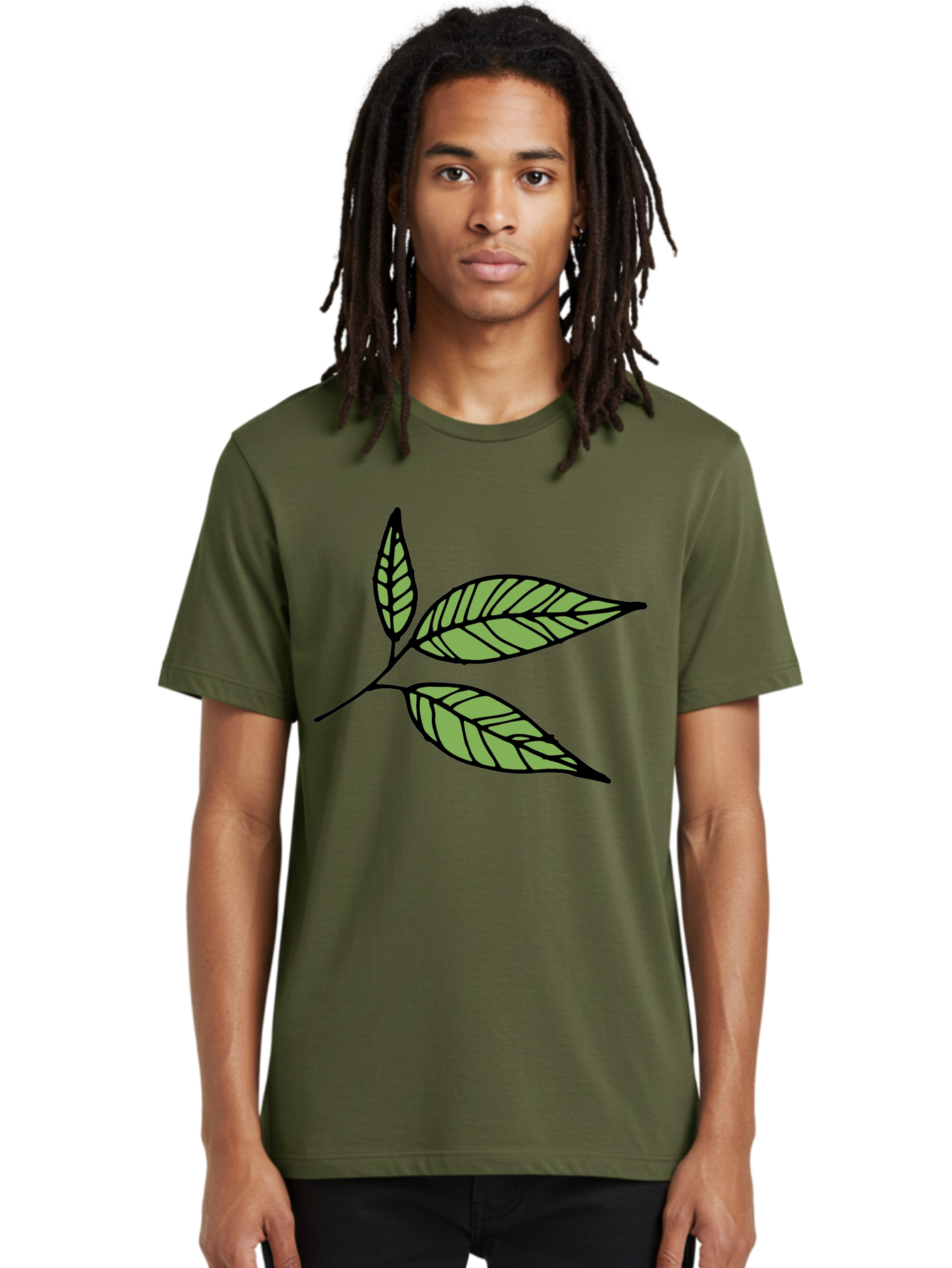 Three-Leaves Men'S Graphic Tee, 100% Cotton, Comfortable Casual Summer Wear, Machine Washable, Simple Leaf Illustration, Minimalist Design, Black Outline, Green Leaves, Leaf Veins, Foliage Artwork, Nature-Inspired Graphics, Aab144