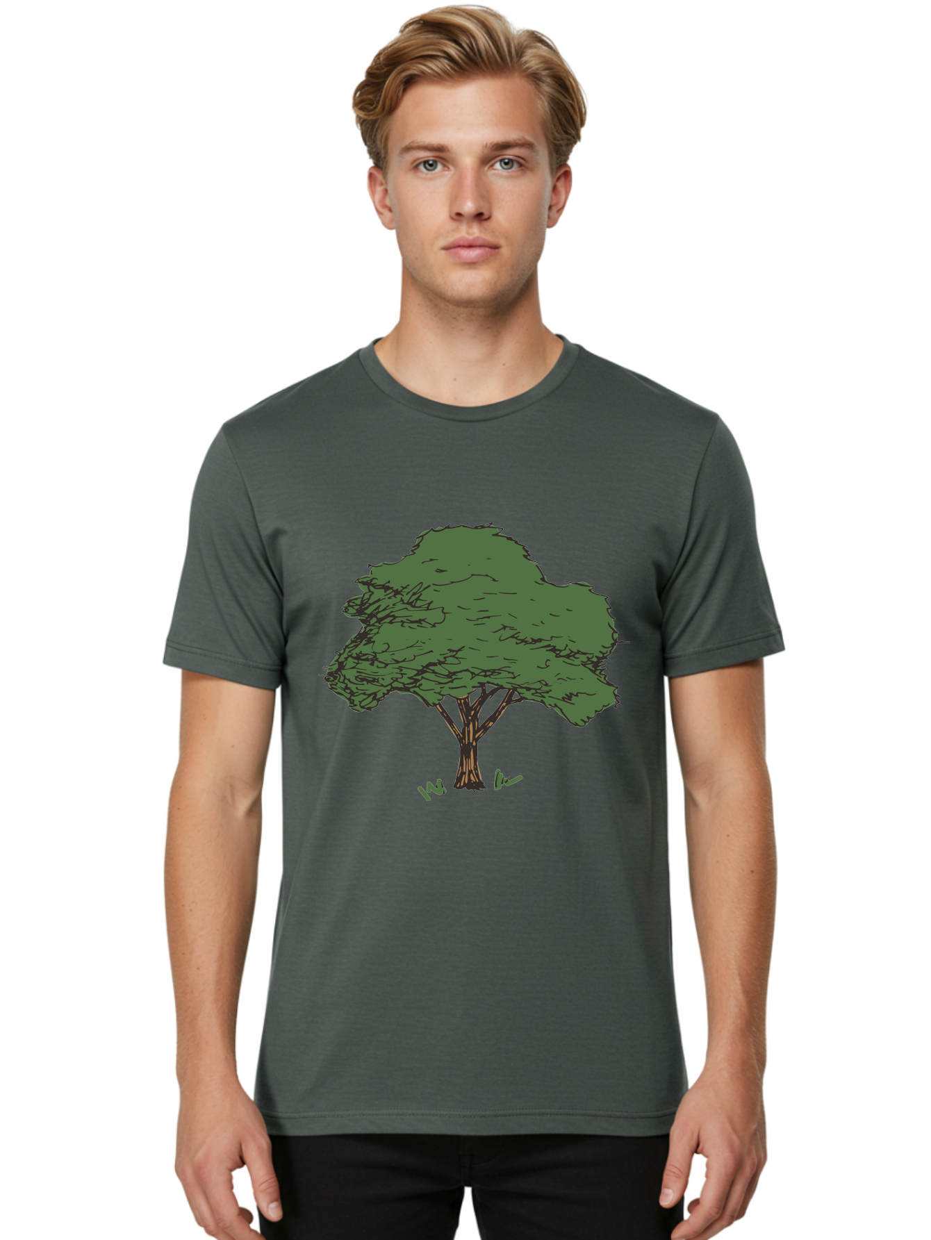 Tree-1 Men'S Graphic Tee, 100% Cotton, Comfortable Casual Summer Wear, Machine Washable, Simple Tree Illustration, Minimalist Design, Dark Green Foliage, Brown Trunk, Simple Branches, Whimsical Art, Digital Drawing, Abstract Tree, Aab147