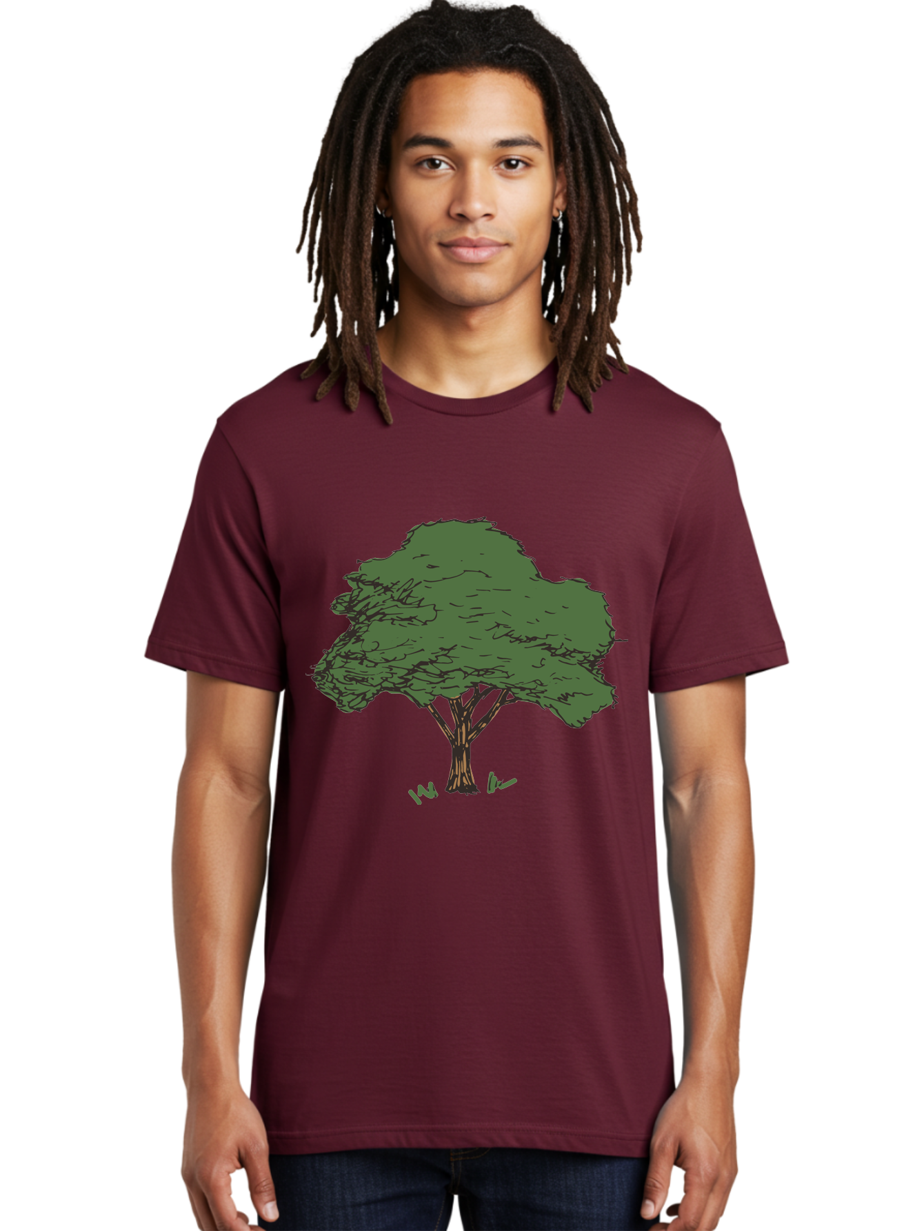 Tree-1 Men'S Graphic Tee, 100% Cotton, Comfortable Casual Summer Wear, Machine Washable, Simple Tree Illustration, Minimalist Design, Dark Green Foliage, Brown Trunk, Simple Branches, Whimsical Art, Digital Drawing, Abstract Tree, Aab147