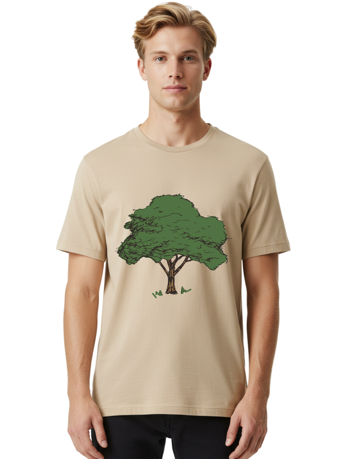Tree-1 Men'S Graphic Tee, 100% Cotton, Comfortable Casual Summer Wear, Machine Washable, Simple Tree Illustration, Minimalist Design, Dark Green Foliage, Brown Trunk, Simple Branches, Whimsical Art, Digital Drawing, Abstract Tree, Aab147