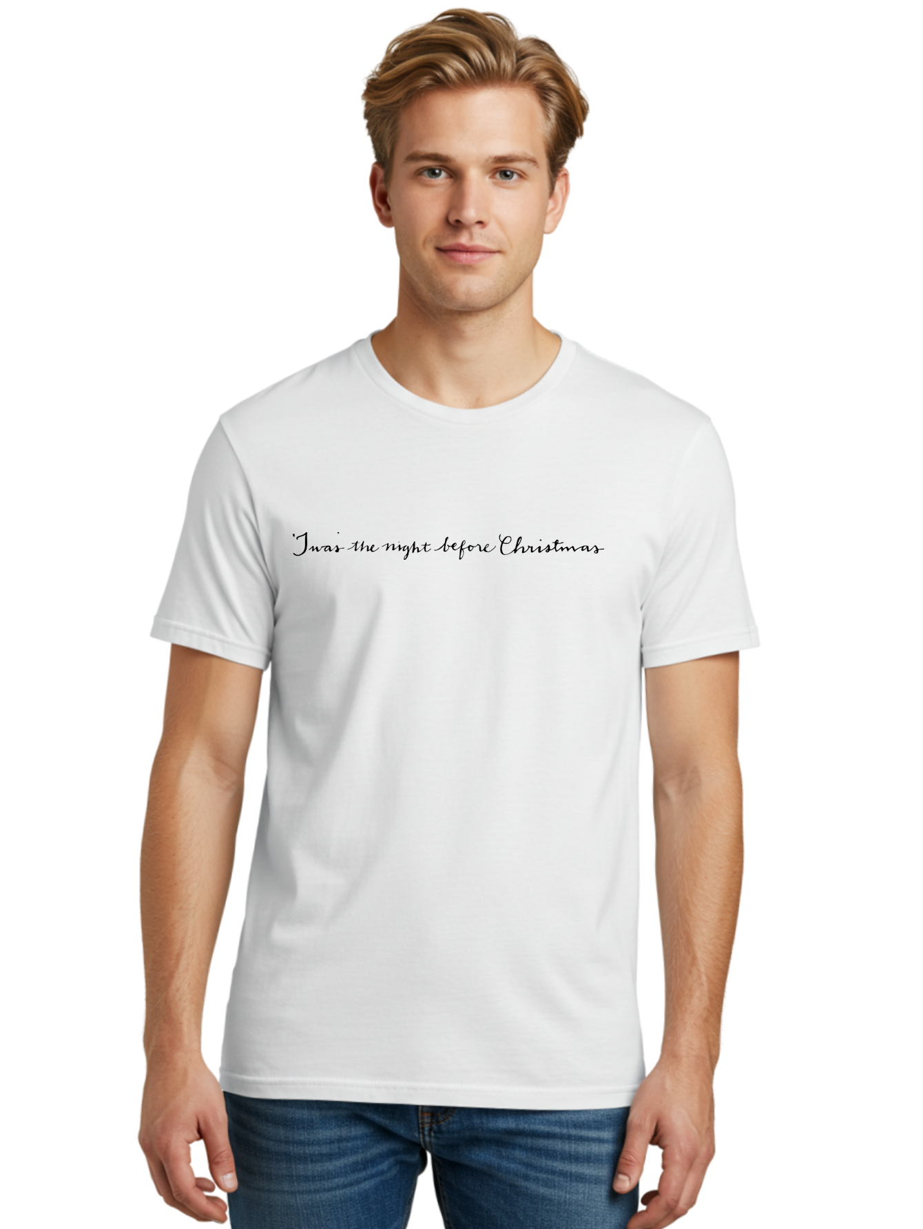 Twas-Night-Before-Christmas Men'S Graphic Tee, 100% Cotton, Comfortable Casual Summer Wear, Machine Washable, Classic Christmas Quote, Holiday Phrase, Festive Sayings, Black Cursive Text, Christmas Eve, Holiday Season, Winter Wonderland, Aab151