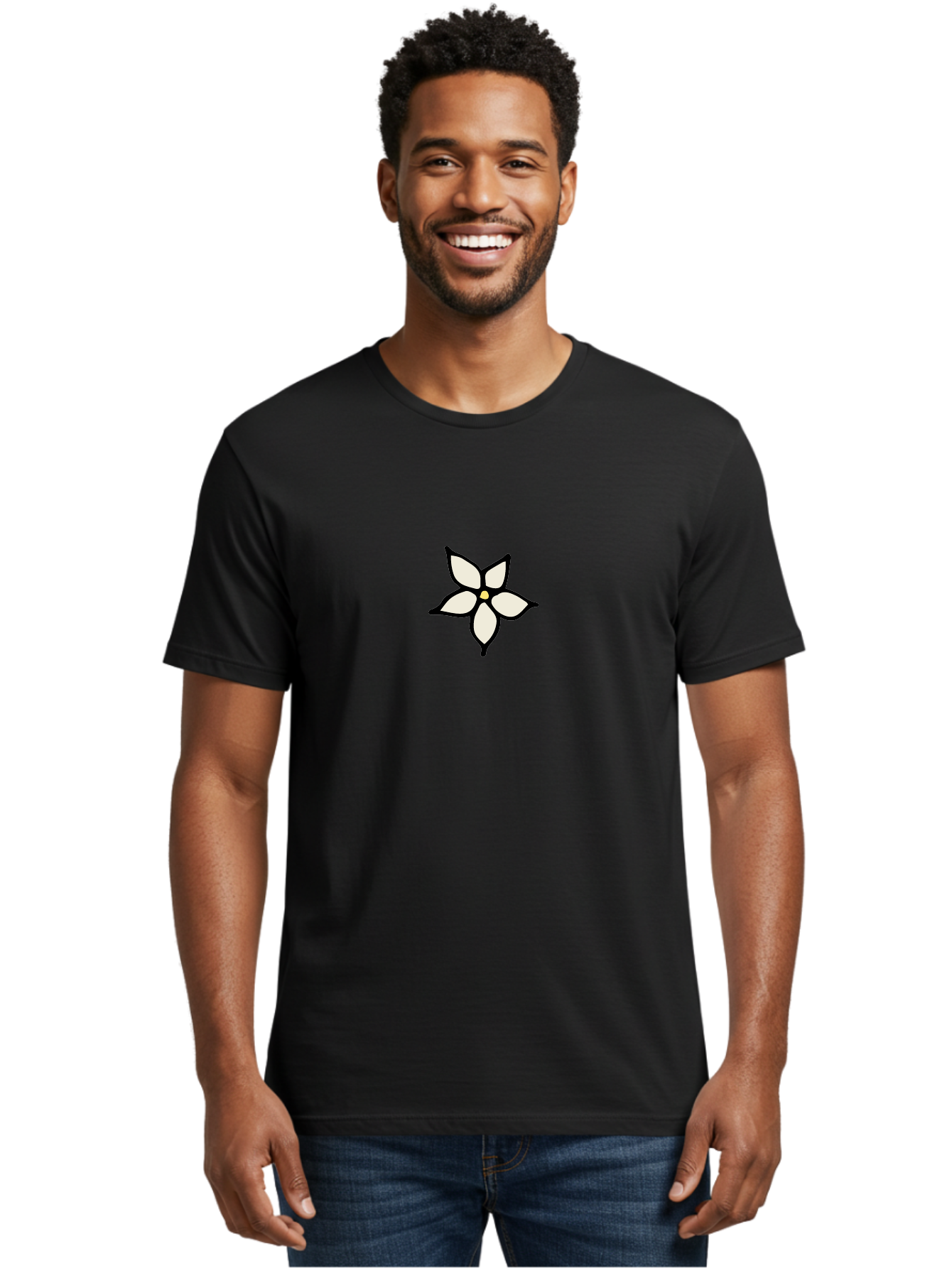 White-Flower-1 Men'S Graphic Tee, 100% Cotton, Comfortable Casual Summer Wear, Machine Washable, Simple Flower Illustration, Minimalist Design, White Petals, Black Outline, Yellow Center, Delicate Charm, Elegant Simplicity, Floral Motif, Aab160