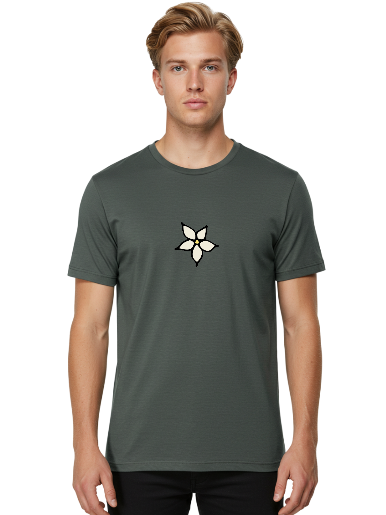 White-Flower-1 Men'S Graphic Tee, 100% Cotton, Comfortable Casual Summer Wear, Machine Washable, Simple Flower Illustration, Minimalist Design, White Petals, Black Outline, Yellow Center, Delicate Charm, Elegant Simplicity, Floral Motif, Aab160