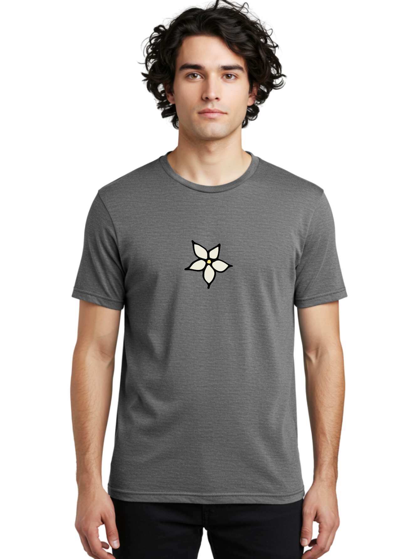 White-Flower-1 Men'S Graphic Tee, 100% Cotton, Comfortable Casual Summer Wear, Machine Washable, Simple Flower Illustration, Minimalist Design, White Petals, Black Outline, Yellow Center, Delicate Charm, Elegant Simplicity, Floral Motif, Aab160