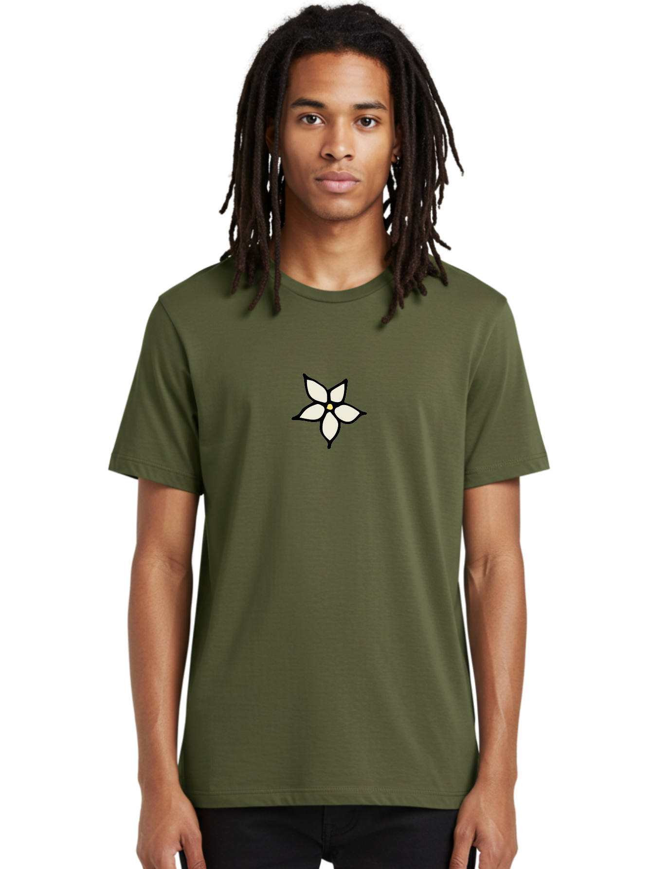 White-Flower-1 Men'S Graphic Tee, 100% Cotton, Comfortable Casual Summer Wear, Machine Washable, Simple Flower Illustration, Minimalist Design, White Petals, Black Outline, Yellow Center, Delicate Charm, Elegant Simplicity, Floral Motif, Aab160