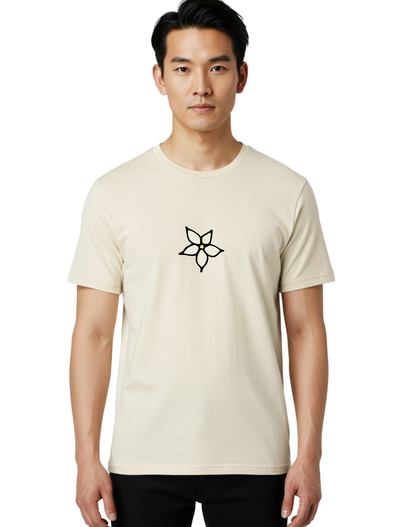 White-Flower-1 Men'S Graphic Tee, 100% Cotton, Comfortable Casual Summer Wear, Machine Washable, Simple Flower Illustration, Minimalist Design, White Petals, Black Outline, Yellow Center, Delicate Charm, Elegant Simplicity, Floral Motif, Aab160