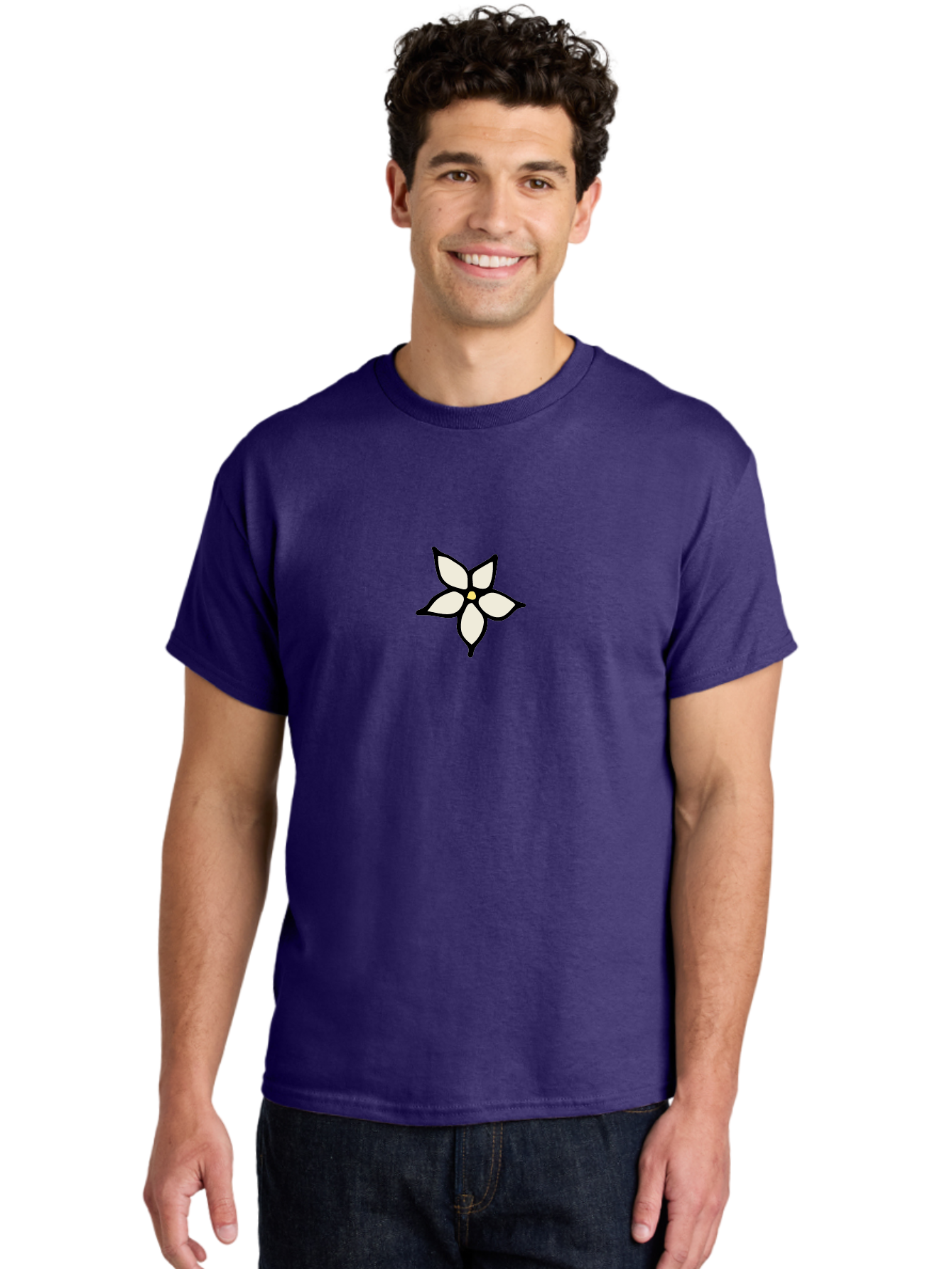 White-Flower-1 Men'S Graphic Tee, 100% Cotton, Comfortable Casual Summer Wear, Machine Washable, Simple Flower Illustration, Minimalist Design, White Petals, Black Outline, Yellow Center, Delicate Charm, Elegant Simplicity, Floral Motif, Aab160