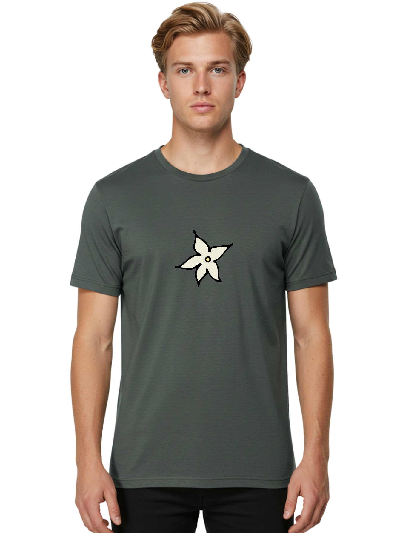 White-Flower-2 Men'S Graphic Tee, 100% Cotton, Comfortable Casual Summer Wear, Machine Washable, White Flower, Simple Design, Minimalist Art, Five Petals, Black Outline, Yellow Center, Delicate Illustration, Floral Motif Aab161