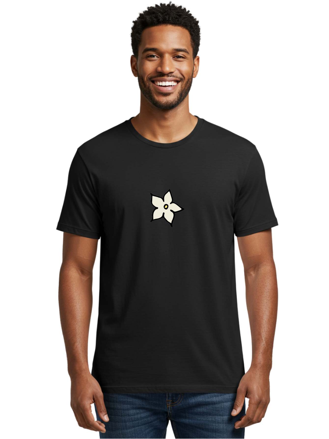 White-Flower Men'S Graphic Tee, 100% Cotton, Comfortable Casual Summer Wear, Machine Washable, Simple White Flower, Minimalist Design, Five-Petaled Flower, Black Outline, Centered Composition, Floral Icon, Cartoon-Style Flower, Simple Graphics Aab162