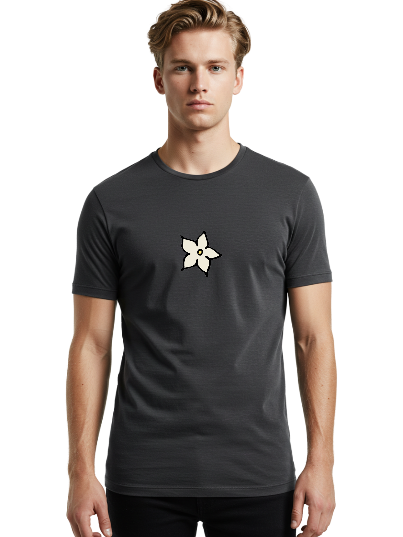 White-Flower Men'S Graphic Tee, 100% Cotton, Comfortable Casual Summer Wear, Machine Washable, Simple White Flower, Minimalist Design, Five-Petaled Flower, Black Outline, Centered Composition, Floral Icon, Cartoon-Style Flower, Simple Graphics Aab162