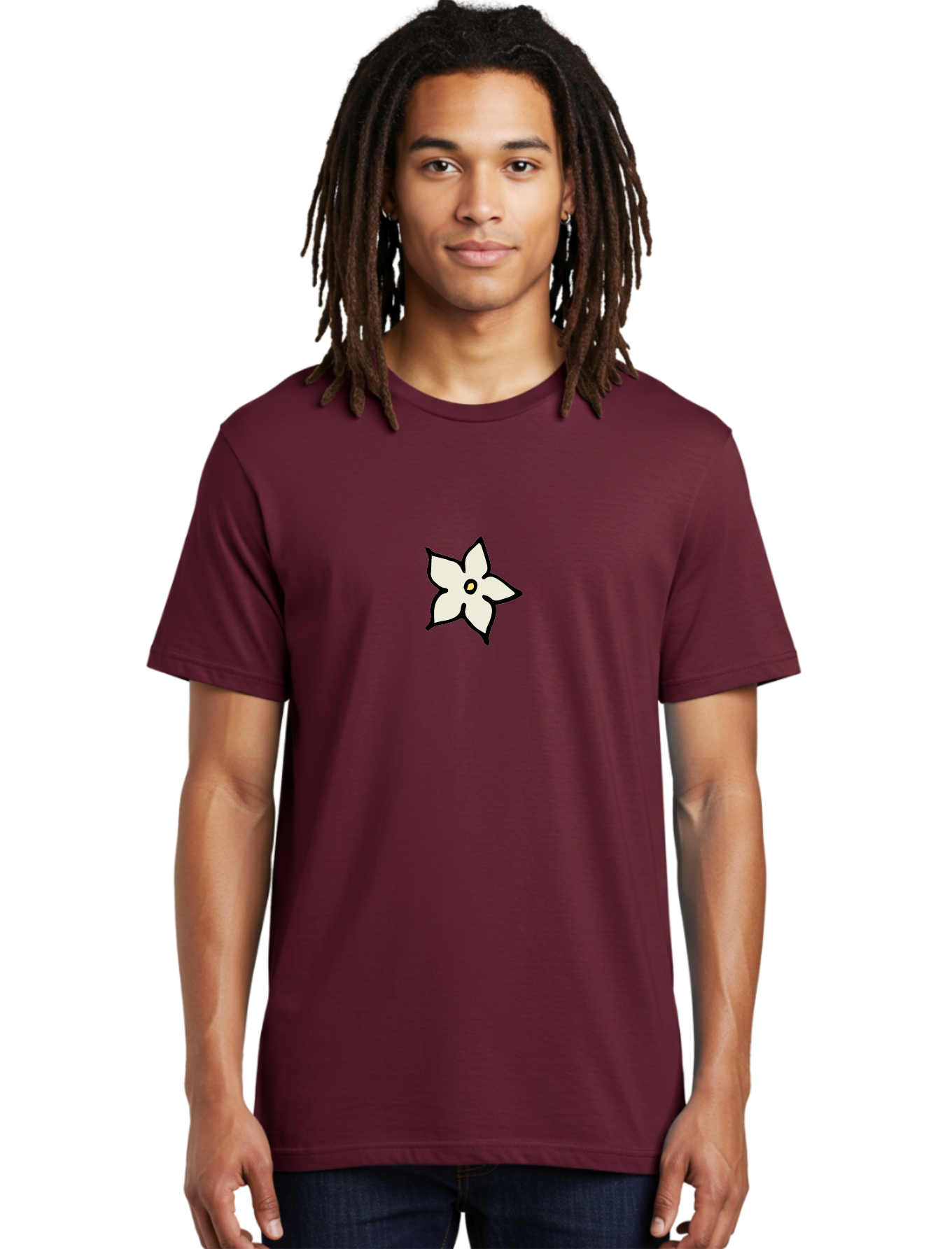 White-Flower Men'S Graphic Tee, 100% Cotton, Comfortable Casual Summer Wear, Machine Washable, Simple White Flower, Minimalist Design, Five-Petaled Flower, Black Outline, Centered Composition, Floral Icon, Cartoon-Style Flower, Simple Graphics Aab162