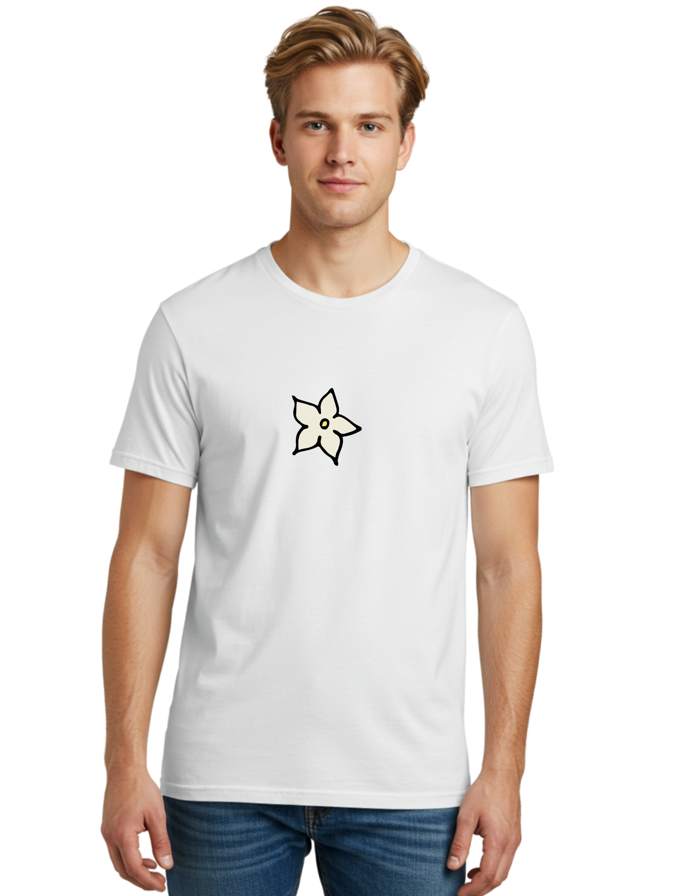 White-Flower Men'S Graphic Tee, 100% Cotton, Comfortable Casual Summer Wear, Machine Washable, Simple White Flower, Minimalist Design, Five-Petaled Flower, Black Outline, Centered Composition, Floral Icon, Cartoon-Style Flower, Simple Graphics Aab162