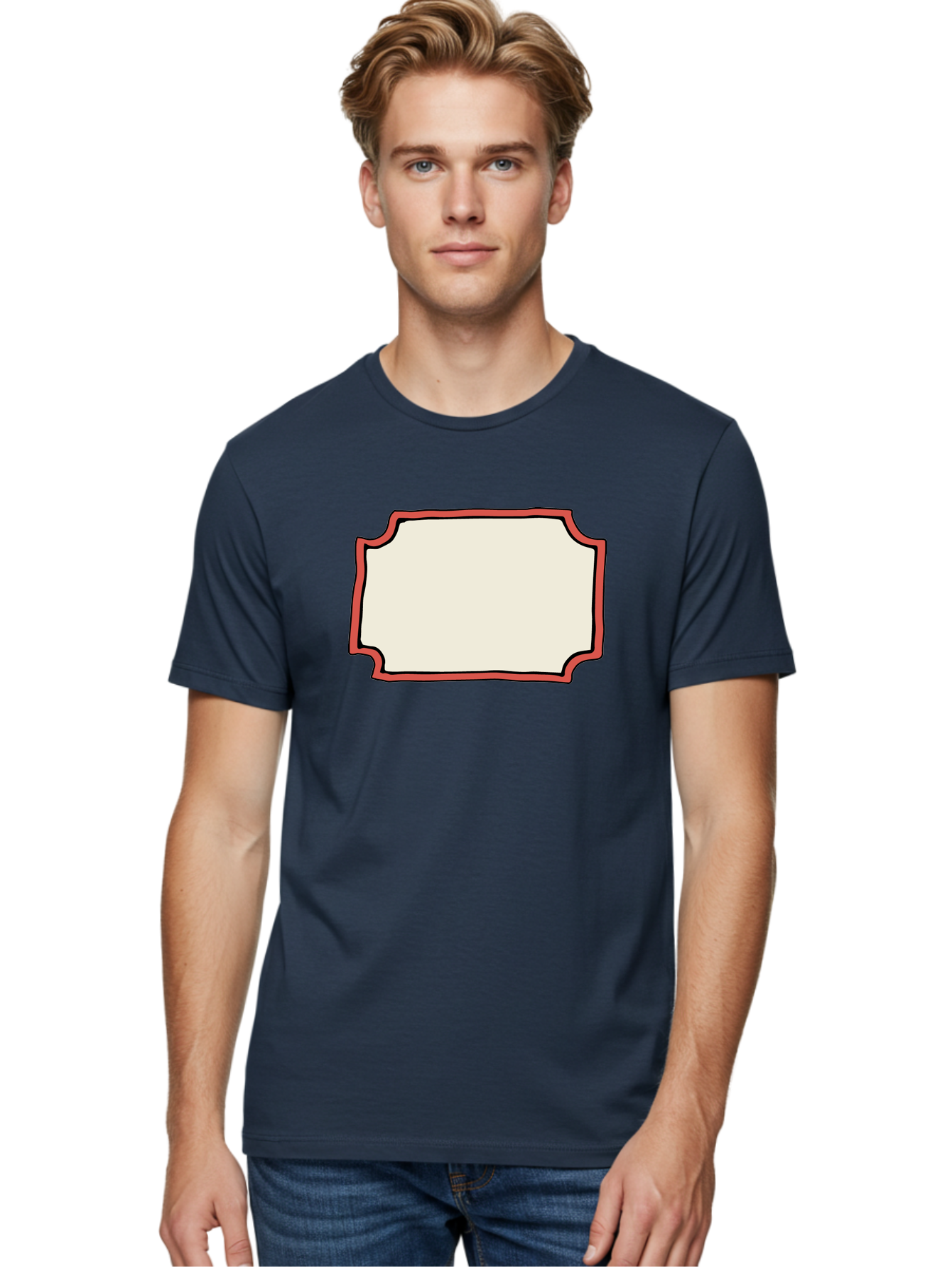 White-Label Men'S Graphic Tee, 100% Cotton, Comfortable Casual Summer Wear, Machine Washable, Blank Sign, Empty Sign, Red Border, White Background, Simple Design, Graphic Element, Customizable Template, Placeholder Text, Signage Mockup Aab163