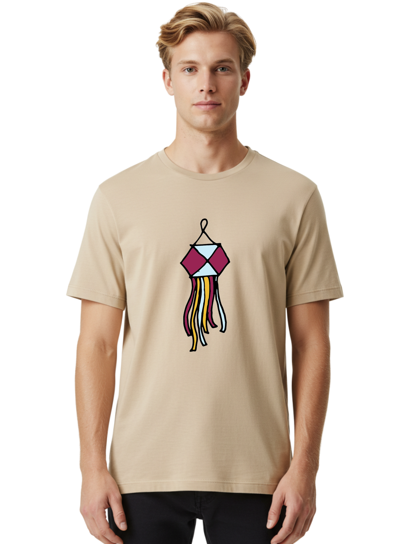 Windchime Men'S Graphic Tee, 100% Cotton, Comfortable Casual Summer Wear, Machine Washable, Hanging Decoration, Wind Chime, Colorful Tassels, Maroon And White, Yellow And White, Decorative Art, Flowing Ribbons, Festive Decor, Celebratory Theme Aab166