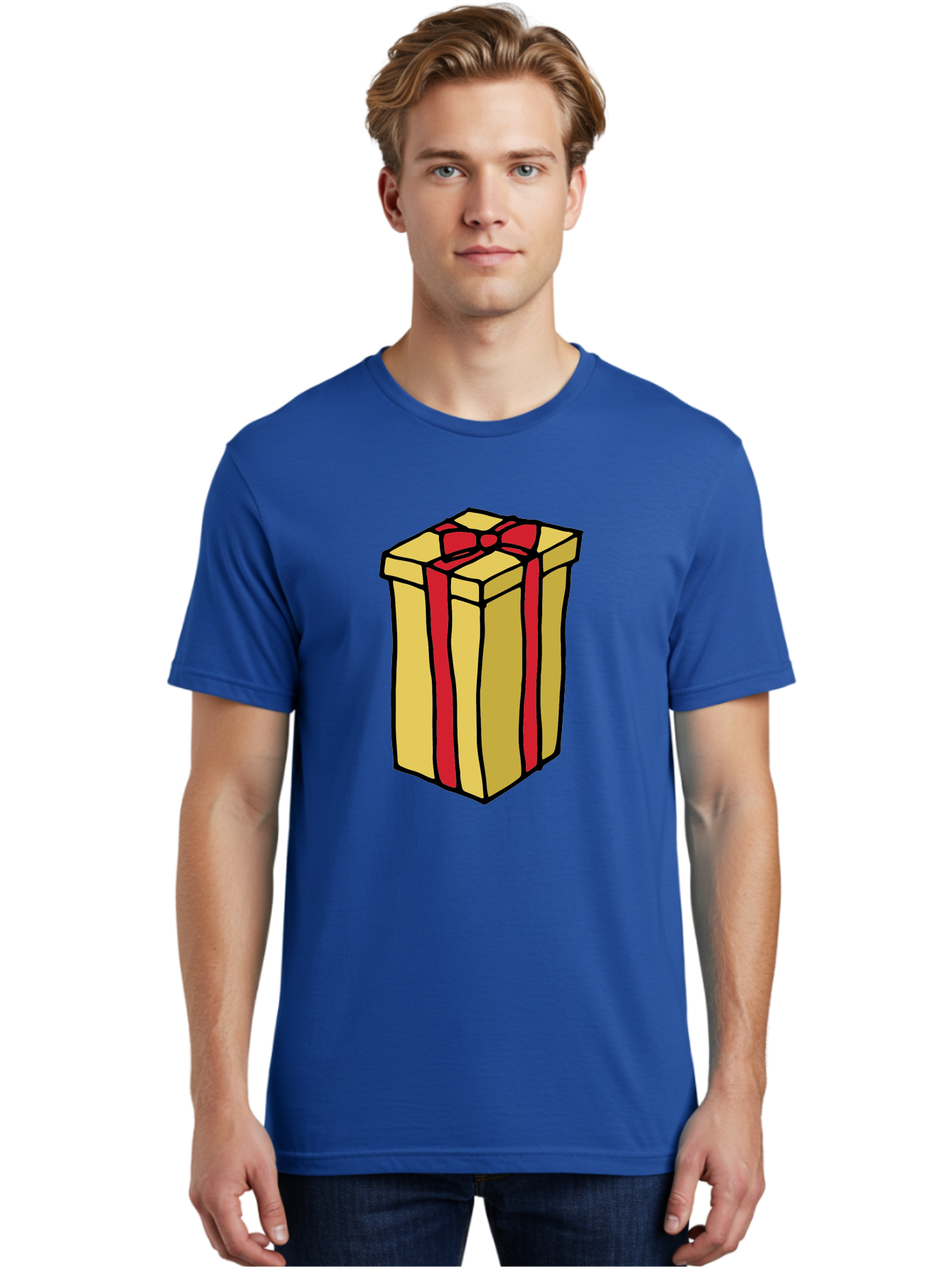 Wrapped-Gift-Box Men'S Graphic Tee, 100% Cotton, Comfortable Casual Summer Wear, Machine Washable, Gift Box, Wrapped Present, Red Ribbon, Gold Wrapping, Present, Gift, Holiday Gift, Birthday Present, Celebration Gift Aab175