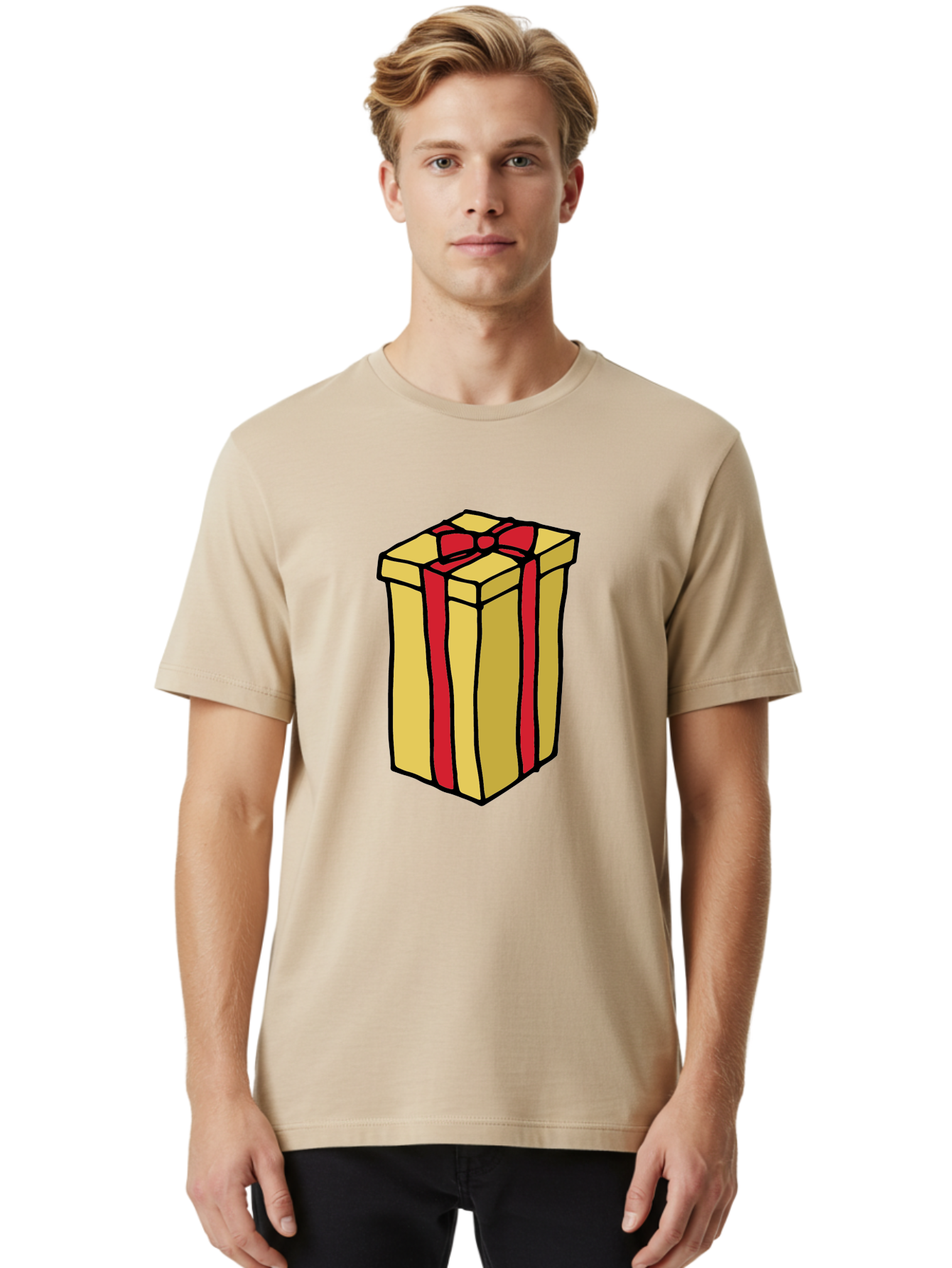 Wrapped-Gift-Box Men'S Graphic Tee, 100% Cotton, Comfortable Casual Summer Wear, Machine Washable, Gift Box, Wrapped Present, Red Ribbon, Gold Wrapping, Present, Gift, Holiday Gift, Birthday Present, Celebration Gift Aab175