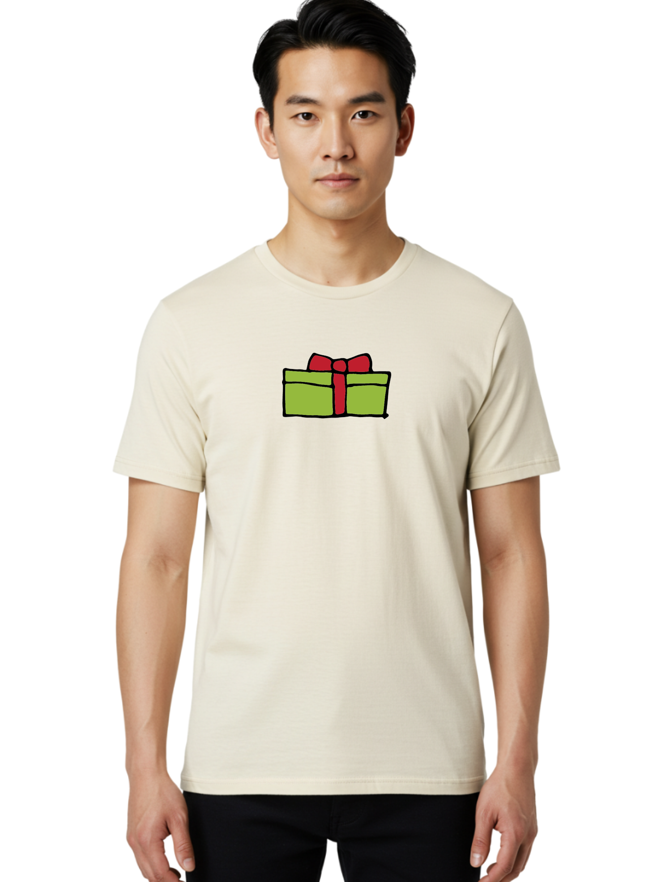 Wrapped-Gift Men'S Graphic Tee, 100% Cotton, Comfortable Casual Summer Wear, Machine Washable, Wrapped Gift, Red Bow, Festive Present, Holiday Season, Gift Giving, Celebration, Cartoon Illustration, Simple Design, Minimalist Art Aab176