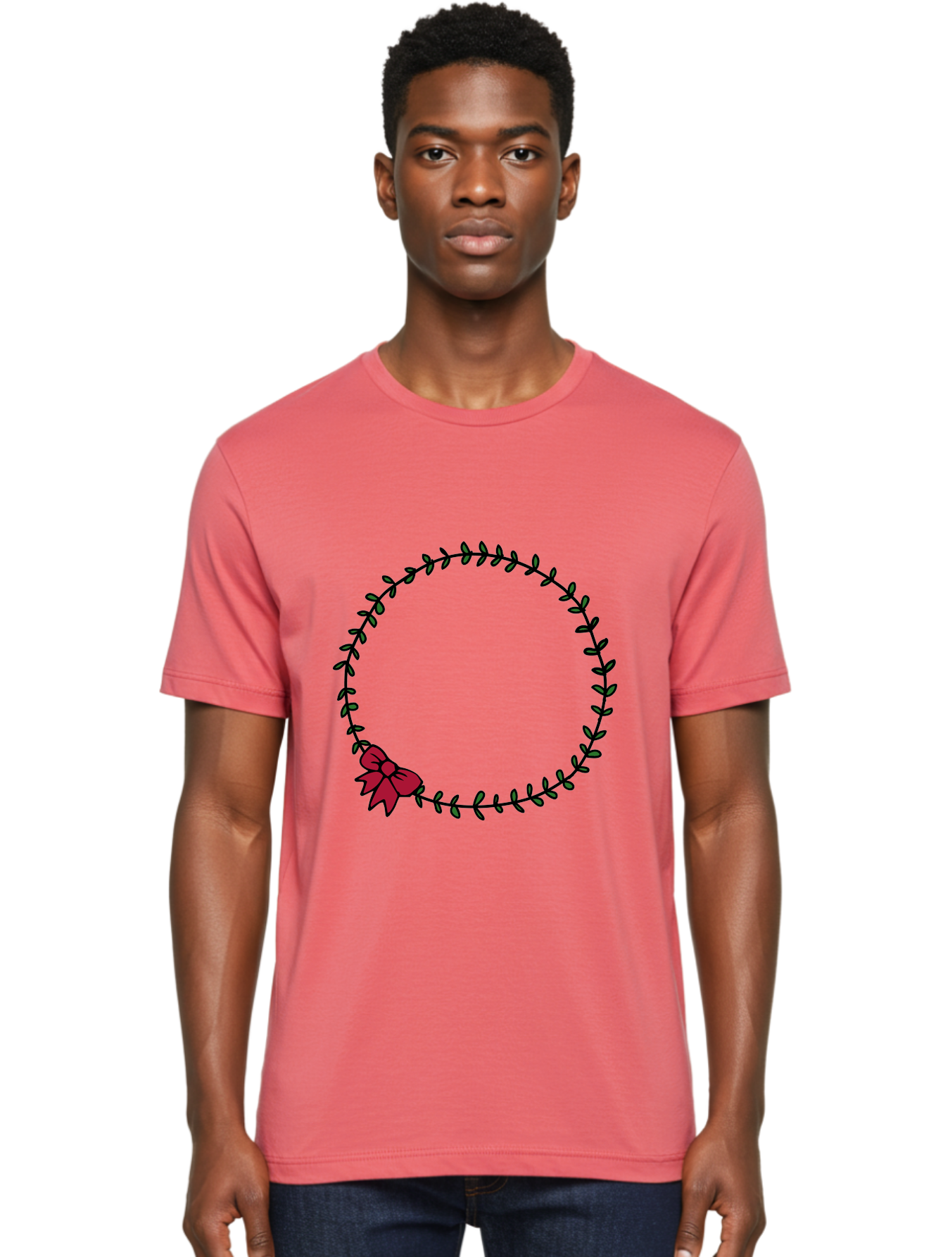 Wreath-With-Bow Men'S Graphic Tee, 100% Cotton, Comfortable Casual Summer Wear, Machine Washable, Floral Wreath, Circular Frame, Red Bow, Black Leaves, Decorative Border, Elegant Design, Minimalist Style, Festive Atmosphere Aab177