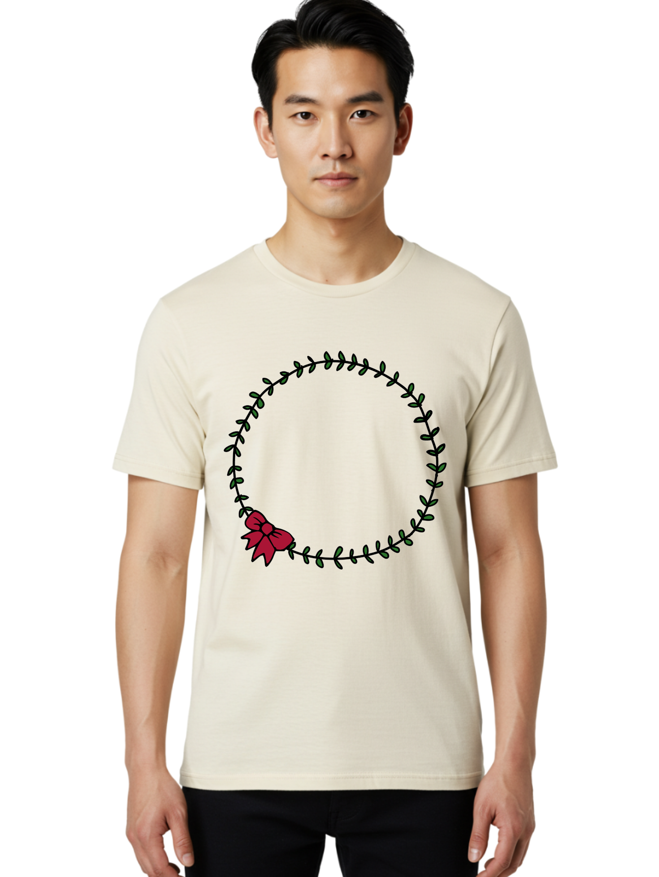 Wreath-With-Bow Men'S Graphic Tee, 100% Cotton, Comfortable Casual Summer Wear, Machine Washable, Floral Wreath, Circular Frame, Red Bow, Black Leaves, Decorative Border, Elegant Design, Minimalist Style, Festive Atmosphere Aab177