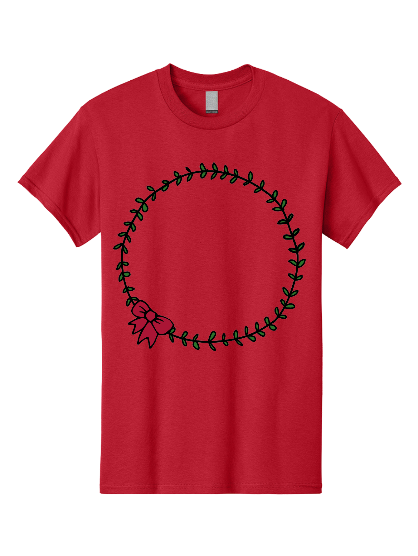 Wreath-With-Bow Men'S Graphic Tee, 100% Cotton, Comfortable Casual Summer Wear, Machine Washable, Floral Wreath, Circular Frame, Red Bow, Black Leaves, Decorative Border, Elegant Design, Minimalist Style, Festive Atmosphere Aab177