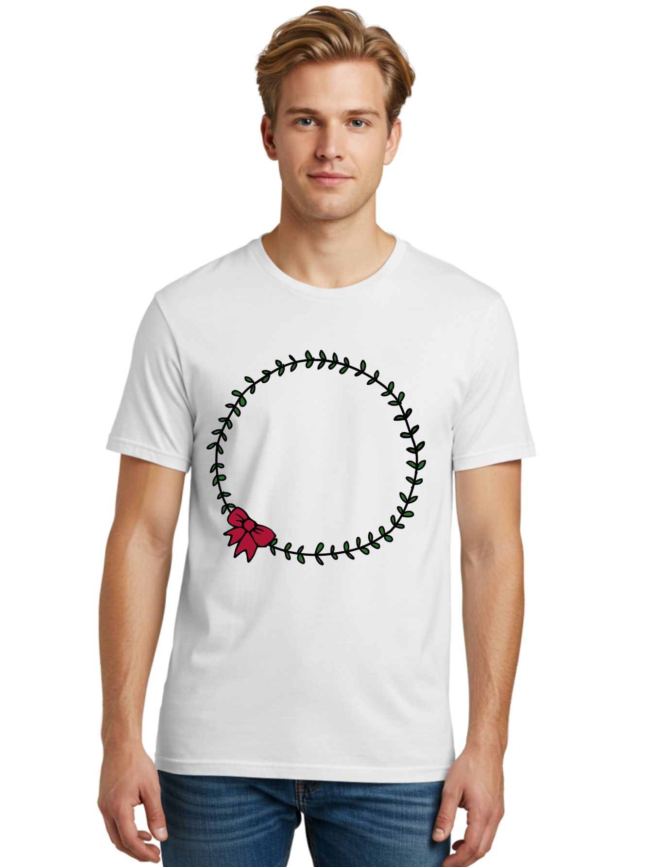 Wreath-With-Bow Men'S Graphic Tee, 100% Cotton, Comfortable Casual Summer Wear, Machine Washable, Floral Wreath, Circular Frame, Red Bow, Black Leaves, Decorative Border, Elegant Design, Minimalist Style, Festive Atmosphere Aab177